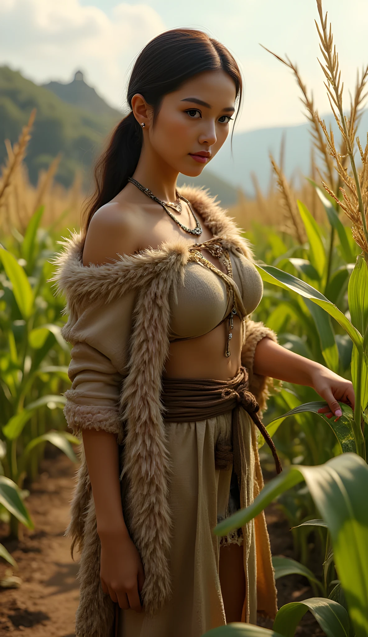 Ancient prehistoric age era, 
(Stone civilization age era:1.6), 

((Realistic cinematography ultra-wide depth intense stunning lots of realistically ultra-detailed corns plantation farm angle of scenery)),plant domesticated,the detailed of an aztec female farmer holding and handling a realistic intricately a realistic intricately corn crop,corn crop,, (maize),(farmer community),(()),wearing fully coverage, long fur primitively fabric long aztec kimono 👘and long coat primitive wardrobe robe aztec dress,,,(perfectly depth symmetrically curvy form, and busty body shapely),(cinematic dynamically camera widely angle scenery:accurately depicted:1.3),the lively prehistoric aztec civilization depicting scenery,afternoon,realistically full depth,(cinematography dynamic angle|hyperrealistic:realistic scenery:3d texture over the scenery),summer season,best videography angle,hdr,golden hour, (cinematography vibe),primitive wardrobe,(dynamic image composition),(octane 3d rendering|50mm lens shot:1.3),(lifelike skin texture:lifelike hairs:realism),(best rule of third photography composition),(best image aperture),(full details depth of field),(best shutter speed),(RAW photo image),(photorealistic|photorealism:hyperrealism style),(realistic depth 3d:cgi:1.3),(trending on cgsociety:devianart:unreal engine 5),,(best photography:national Geographic style), tikiPunkAi and greenPunkAi artwork, digital art,best lighting concept,(realistic intricately fixed truly fully human's anatomy body+hands+and+fingers anatomical),natural motion,inspired by farcry5 game artwork.
