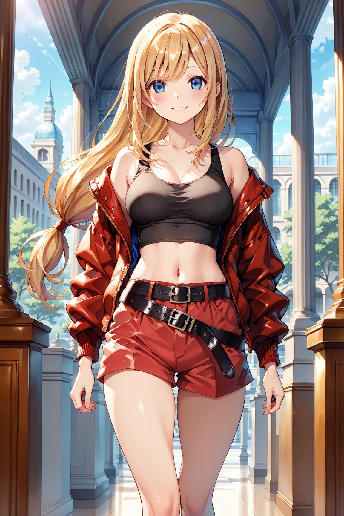 fgomordred, modred, (green eyes:1.5), blonde hair, ponytail, short hair, scrunchie, red scrunchie, hair scrunchie, (small :1.2), , , , , dripping , wet 
BREAK blonde hair, denim, denim shorts, jacket, jewelry, midriff, navel, necklace, red jacket, torn short shorts, torn shorts, torn tube top, white top,
BREAK looking at viewer, back view, showing off her 
BREAK outdoors,
BREAK (masterpiece:1.2), best quality, high resolution, unity 8k wallpaper, (illustration:0.8), (beautiful detailed eyes:1.6), extremely detailed face, perfect lighting, extremely detailed CG, (perfect hands, perfect ),