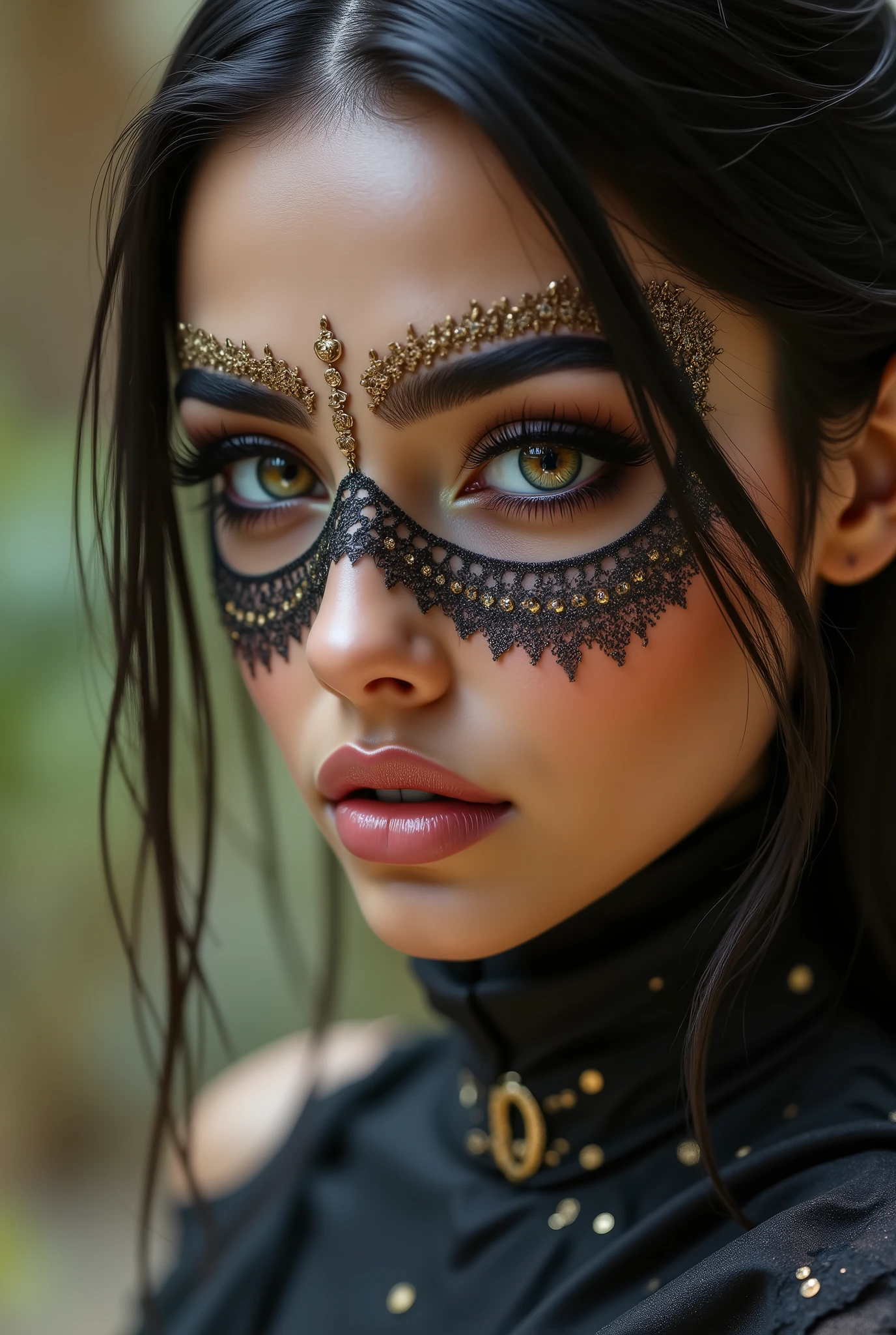 Portrait of an Arab princess, fairy tale image, Fantastic backgrounds, magical atmosphere, she has a veil-mask and falling fringes (gold-chaining) cover the lower part of the face:1.33, Ultra-realistic (photorealistic Realism), (ultra realistic texture details: velvety skin, hair), ((dark hair (very short hair)((slicked to one side:1.4)), Intricately detailed:1.33)),(Key Directive: - ("The priority is the anatomical accuracy and texture of the materials" - "Ultra-sharp human eyes with biological accuracy") { "Eyes: (acid-resistant terminology) (macro-details:1 . 5): * Moist corneal surface (visible aqueous layer:1 . 2) * Hyper-detailed iris stroma ((brown) with gold flecks) * Precise limbal ring (slightly darker pigmentation:1 . 22) * Pupil micro-texture (irregular edge authenticity:0 . 9) * Vasculature in sclera (subtle red veins radiating from limbus)" - "Lashes: blue individual synthetic fibers (crosshatched roots:1 . 2 , clump-free separation)" Technical Specs: (Optics: - "Zeiss Otus85mm f/1 . 4 lens (eye refraction calculations:1 . 3)" - "Shutter Speed:1/500 (freeze eye micro-movements)" - "Focus Stacking:7-point coverage on iris plane"), ((blonde hair (very short hair:1.45)((slicked to one side:1.4)), intricately details:1.41), (Post-Processing: - "Frequency separation for skin vs eye details" - "Selective sharpening: eyes170% , hair150%" - "Denoise: luminance20 , color35 (retain corneal speculars)") (Avoid: "pupil distortion , uncanny valley asymmetry , plastic-like wetness")