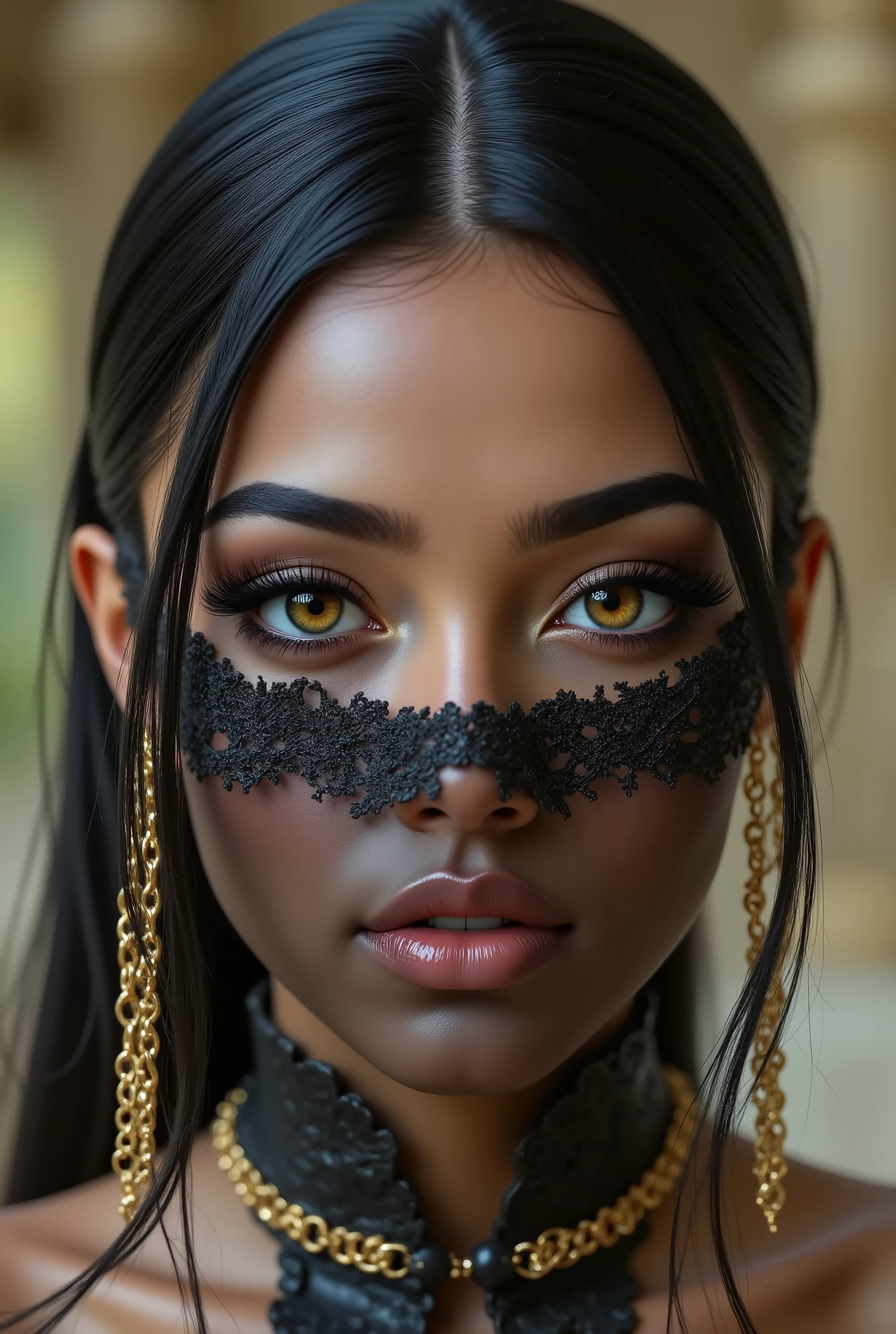Portrait of an Arab princess, fairy tale image, Fantastic backgrounds, magical atmosphere, she has a veil-mask and falling fringes (gold-chaining) cover the lower part of the face:1.33, Ultra-realistic (photorealistic Realism), (ultra realistic texture details: velvety skin, hair), ((dark hair (very short hair)((slicked to one side:1.4)), Intricately detailed:1.33)),(Key Directive: - ("The priority is the anatomical accuracy and texture of the materials" - "Ultra-sharp human eyes with biological accuracy") { "Eyes: (acid-resistant terminology) (macro-details:1 . 5): * Moist corneal surface (visible aqueous layer:1 . 2) * Hyper-detailed iris stroma ((brown) with gold flecks) * Precise limbal ring (slightly darker pigmentation:1 . 22) * Pupil micro-texture (irregular edge authenticity:0 . 9) * Vasculature in sclera (subtle red veins radiating from limbus)" - "Lashes: blue individual synthetic fibers (crosshatched roots:1 . 2 , clump-free separation)" Technical Specs: (Optics: - "Zeiss Otus85mm f/1 . 4 lens (eye refraction calculations:1 . 3)" - "Shutter Speed:1/500 (freeze eye micro-movements)" - "Focus Stacking:7-point coverage on iris plane"), ((blonde hair (very short hair:1.45)((slicked to one side:1.4)), intricately details:1.41), (Post-Processing: - "Frequency separation for skin vs eye details" - "Selective sharpening: eyes170% , hair150%" - "Denoise: luminance20 , color35 (retain corneal speculars)") (Avoid: "pupil distortion , uncanny valley asymmetry , plastic-like wetness")