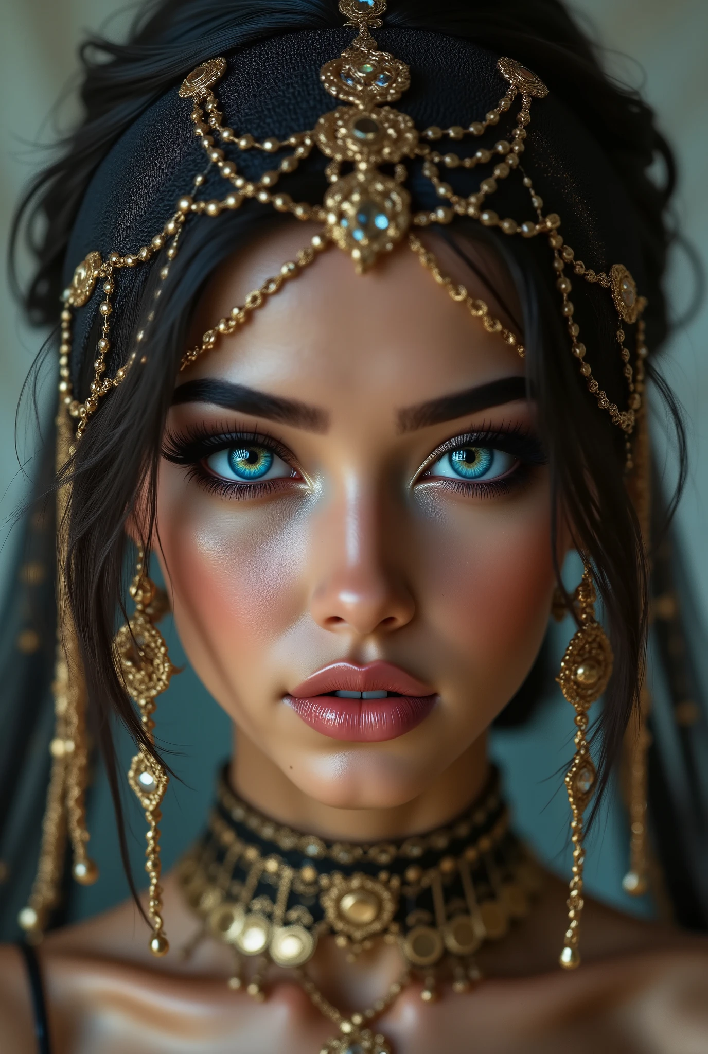  Portrait of an Arab princess, fairy tale image, Fantastic backgrounds, magical atmosphere, [she has a veil-mask and falling fringes (gold-chaining) cover the lower part of the face:1.33], Ultra-realistic (photorealistic Realism), (ultra realistic texture details: velvety skin, hair), ((dark hair (very short hair)((slicked to one side:1.4)), Intricately detailed:1.33)),(Key Directive: - ("The priority is the anatomical accuracy and texture of the materials" - "Ultra-sharp human eyes with biological accuracy") { "Eyes: (acid-resistant terminology) (macro-details:1 . 5): * Moist corneal surface (visible aqueous layer:1 . 2) * Hyper-detailed iris stroma ((brown) with gold flecks) * Precise limbal ring (slightly darker pigmentation:1 . 22) * Pupil micro-texture (irregular edge authenticity:0 . 9) * Vasculature in sclera (subtle red veins radiating from limbus)" - "Lashes: blue individual synthetic fibers (crosshatched roots:1 . 2 , clump-free separation)" Technical Specs: (Optics: - "Zeiss Otus85mm f/1 . 4 lens (eye refraction calculations:1 . 3)" - "Shutter Speed:1/500 (freeze eye micro-movements)" - "Focus Stacking:7-point coverage on iris plane"), ((blonde hair (very short hair:1.45)((slicked to one side:1.4)), intricately details:1.41), (Post-Processing: - "Frequency separation for skin vs eye details" - "Selective sharpening: eyes170% , hair150%" - "Denoise: luminance20 , color35 (retain corneal speculars)") (Avoid: "pupil distortion , uncanny valley asymmetry , plastic-like wetness")