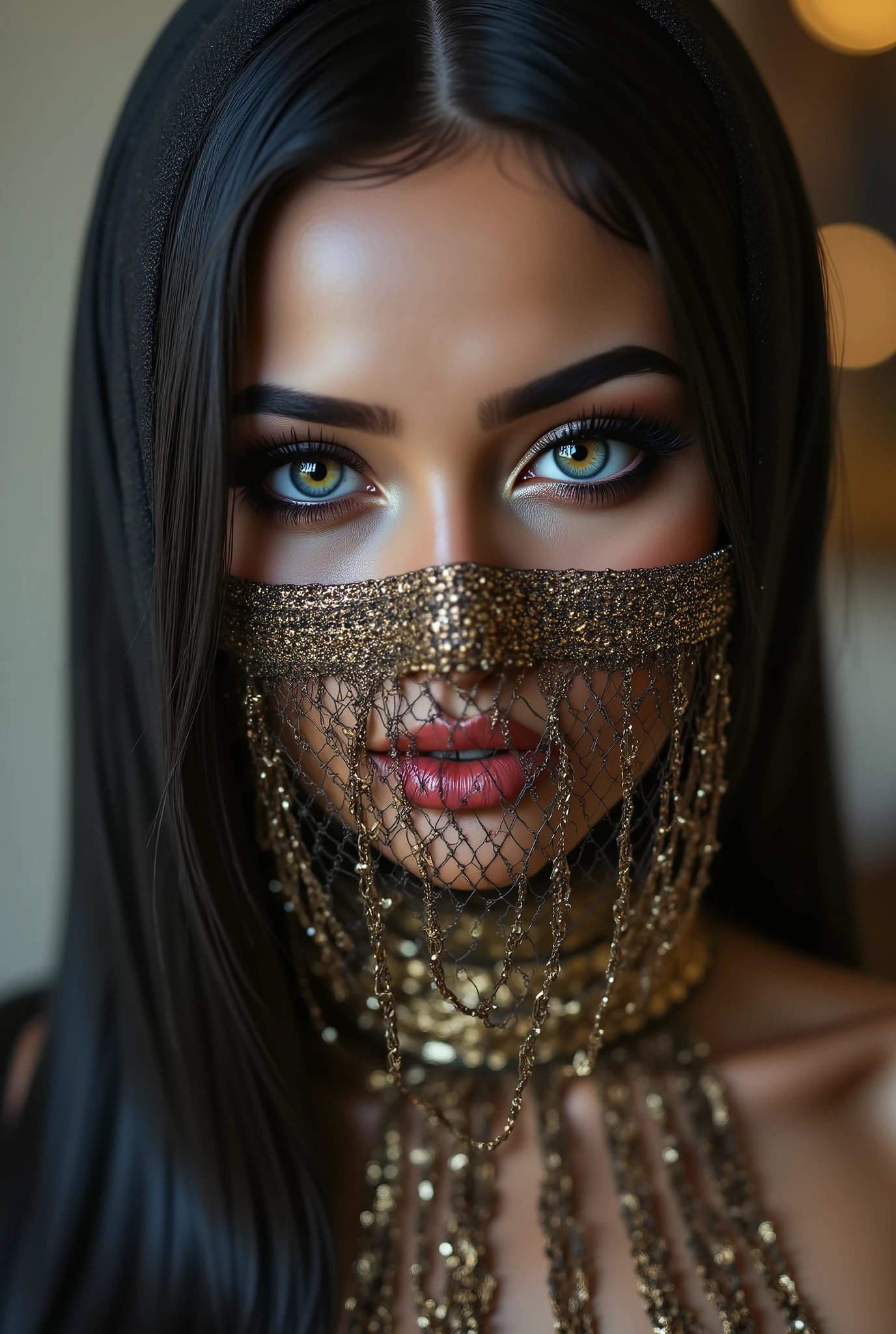  Portrait of an Arab princess, fairy tale image, Fantastic backgrounds, magical atmosphere, [she has a veil-mask and falling fringes (gold-chaining) cover the lower part of the face:1.33], Ultra-realistic (photorealistic Realism), (ultra realistic texture details: velvety skin, hair), ((dark hair (very short hair)((slicked to one side:1.4)), Intricately detailed:1.33)),(Key Directive: - ("The priority is the anatomical accuracy and texture of the materials" - "Ultra-sharp human eyes with biological accuracy") { "Eyes: (acid-resistant terminology) (macro-details:1 . 5): * Moist corneal surface (visible aqueous layer:1 . 2) * Hyper-detailed iris stroma ((brown) with gold flecks) * Precise limbal ring (slightly darker pigmentation:1 . 22) * Pupil micro-texture (irregular edge authenticity:0 . 9) * Vasculature in sclera (subtle red veins radiating from limbus)" - "Lashes: blue individual synthetic fibers (crosshatched roots:1 . 2 , clump-free separation)" Technical Specs: (Optics: - "Zeiss Otus85mm f/1 . 4 lens (eye refraction calculations:1 . 3)" - "Shutter Speed:1/500 (freeze eye micro-movements)" - "Focus Stacking:7-point coverage on iris plane"), ((blonde hair (very short hair:1.45)((slicked to one side:1.4)), intricately details:1.41), (Post-Processing: - "Frequency separation for skin vs eye details" - "Selective sharpening: eyes170% , hair150%" - "Denoise: luminance20 , color35 (retain corneal speculars)") (Avoid: "pupil distortion , uncanny valley asymmetry , plastic-like wetness")