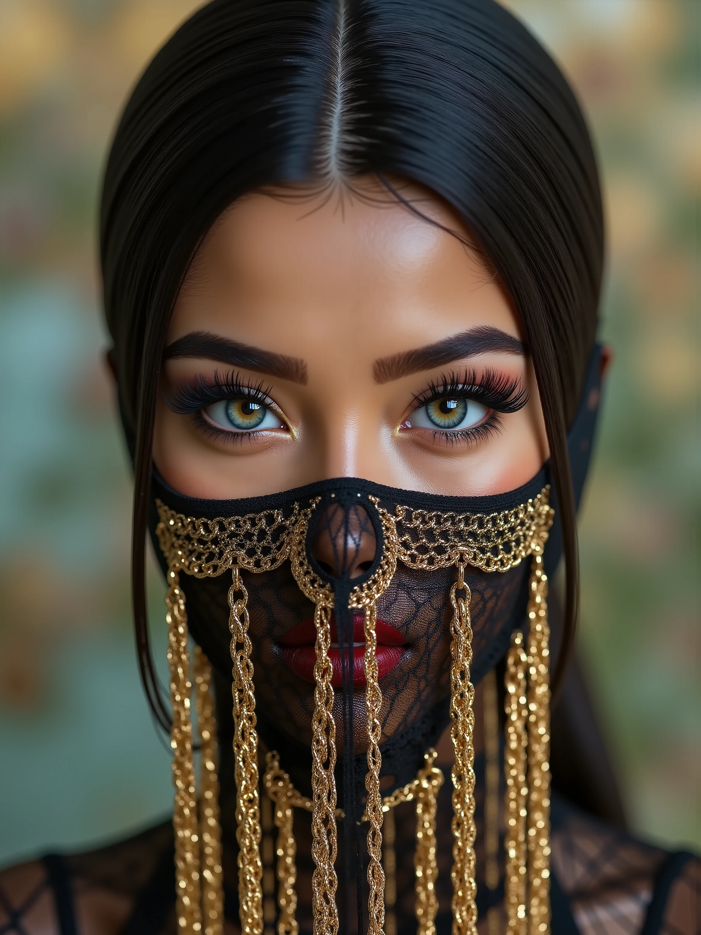  Portrait of an Arab princess, fairy tale image, Fantastic backgrounds, magical atmosphere, [she has a veil-mask and [falling fringes (gold-chaining)] cover the lower part of the face], Ultra-realistic (photorealistic Realism), (ultra realistic texture details: velvety skin, hair), ((dark hair (very short hair)((slicked to one side:1.4)), Intricately detailed:1.33)),(Key Directive: - ("The priority is the anatomical accuracy and texture of the materials" - "Ultra-sharp human eyes with biological accuracy") { "Eyes: (acid-resistant terminology) (macro-details:1 . 5): * Moist corneal surface (visible aqueous layer:1 . 2) * Hyper-detailed iris stroma ((brown) with gold flecks) * Precise limbal ring (slightly darker pigmentation:1 . 22) * Pupil micro-texture (irregular edge authenticity:0 . 9) * Vasculature in sclera (subtle red veins radiating from limbus)" - "Lashes: blue individual synthetic fibers (crosshatched roots:1 . 2 , clump-free separation)" Technical Specs: (Optics: - "Zeiss Otus85mm f/1 . 4 lens (eye refraction calculations:1 . 3)" - "Shutter Speed:1/500 (freeze eye micro-movements)" - "Focus Stacking:7-point coverage on iris plane"), ((blonde hair (very short hair:1.45)((slicked to one side:1.4)), intricately details:1.41), (Post-Processing: - "Frequency separation for skin vs eye details" - "Selective sharpening: eyes170% , hair150%" - "Denoise: luminance20 , color35 (retain corneal speculars)") (Avoid: "pupil distortion , uncanny valley asymmetry , plastic-like wetness")