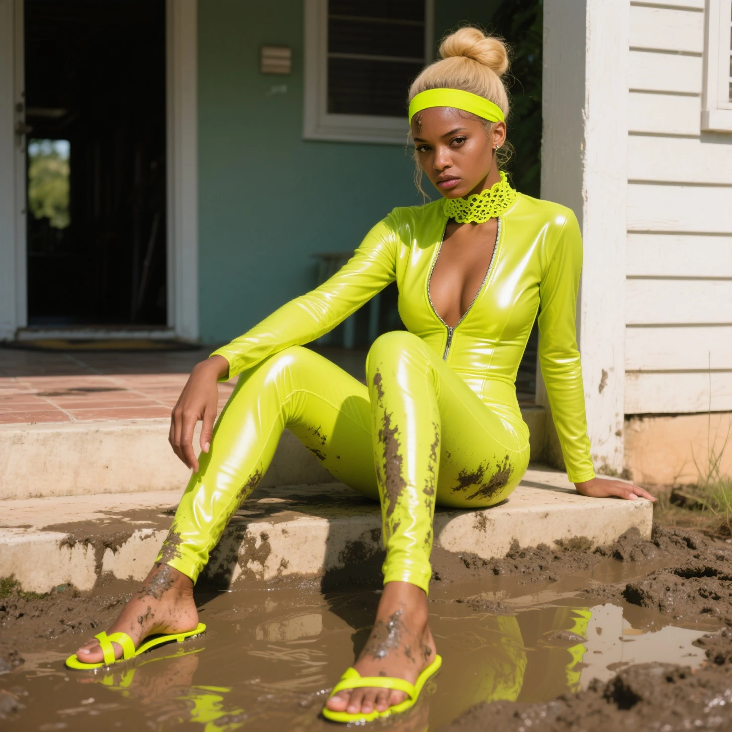 Create an image of an African-American woman 20 . She has light green eyes and fine red braids. with glossy pink lipstick. She is wearing a yellow latex jumpsuit in the style of Kill Bill, with two large black stripes on the sides. She is standing full body facing us in a model pose with her head slightly raised. High resolution, photography, 8K — cw 25