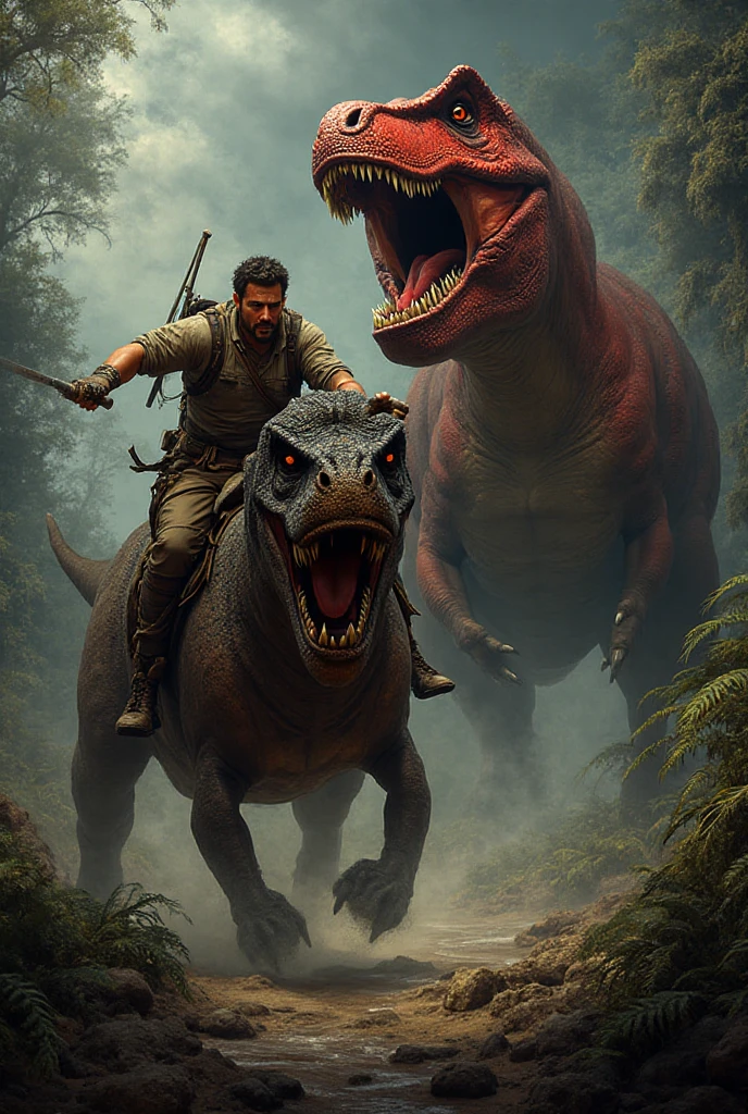 Concevez une affiche de film pour 'Extreme Dinosaur,' starring Dwayne Johnson as a half-Triceratops character. The poster should mix Dwayne Johnson's action hero character with the dinosaur theme, Create an eye-catching and exciting visual. The title should be bold and prominently displayed, Capturing the essence of this unique action-adventure film