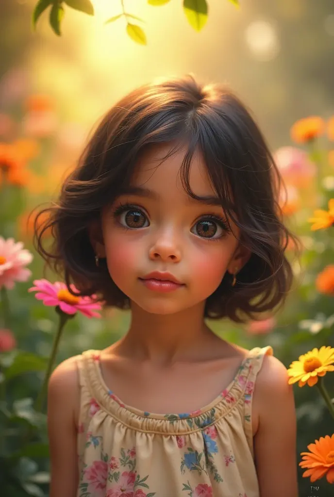 Create a girl with an oval face, full lips, elongated and slightly slanted eyes, thick and short face up to the ears