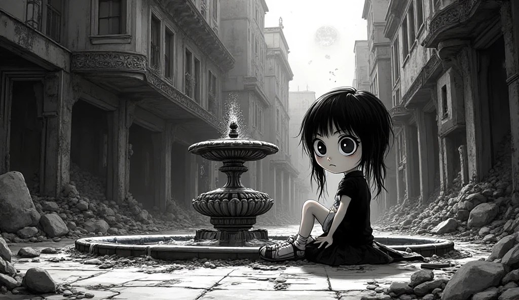 The image shows a dramatic illustration watercolor realistic in monochrome tones, where the style is reminiscent of a charcoal drawing. In the center, there is a girl of about 10 years old with long, black, disheveled hair, which falls over her shoulders. Her face, with a sad and melancholic expression, with large eyes full of sorrow, dominates the scene.

The girl is sitting on what appears to be a grave in a cemetery, hugging her knees. She is wearing an old, worn dress, which reinforces the feeling of abandonment and sadness. Around her, there is a dark and gloomy cemetery, with multiple tombstones arranged in rows that disappear into the distance. In the background, a Gothic-style church rises, contributing to the gloomy atmosphere of the scene.