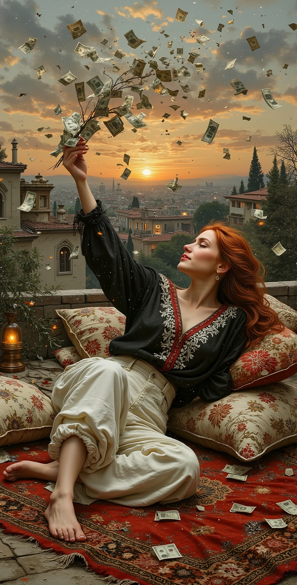 created a painting with oil painting with huge details , In the style of the artist Leonardo Davinci , In the era of the European renaissance , A fully detailed painting of an Arab woman lying on the roof of the house on an Arab carpet holding a collection of banknotes and throwing them in the sky and looking half-smiling at the sky during the sunset.. Decorated pillows surround her, her hair is thick red. Her hair falls on her shoulders as if it was shiny silk .
. The woman wears white jeans and a black lace shirt decorated in white and red. She rests on an embroidered pillow. At the back, we see distant houses with their windows lit, a picture that seems cinematic, and the angle of view from the top is near the feet. The full frame of the woman inside the picture.