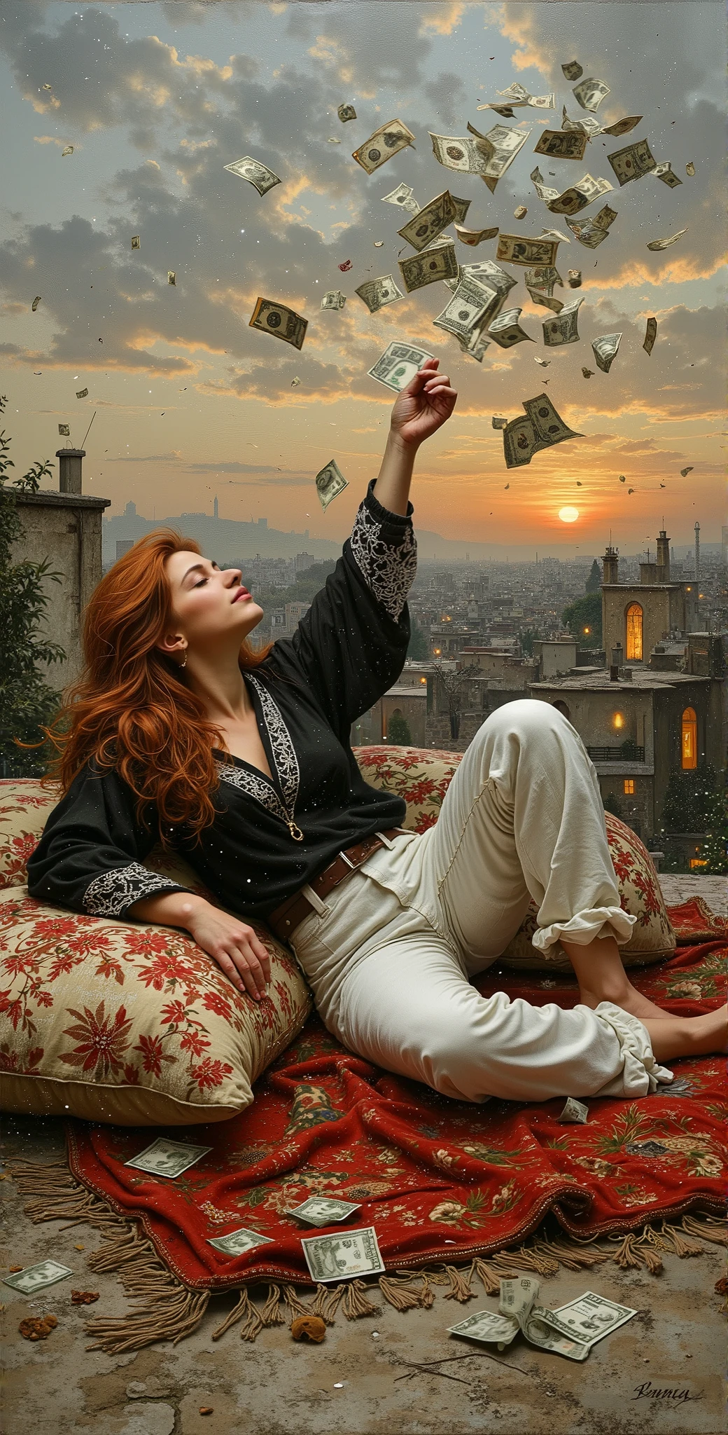 created a painting with oil painting with huge details , In the style of the artist Leonardo Davinci , In the era of the European renaissance ,  A fully detailed painting of an Arab woman lying on the roof of the house on an Arab carpet holding a collection of banknotes and throwing them in the sky and looking half-smiling at the sky during the sunset.. Decorated pillows surround her, her hair is thick red. Her hair falls on her shoulders as if it was shiny silk .
. The woman wears white jeans and a black lace shirt decorated in white and red. She rests on an embroidered pillow. At the back, we see distant houses with their windows lit, a picture that seems cinematic, and the angle of view from the top is near the feet. The full frame of the woman inside the picture. 
