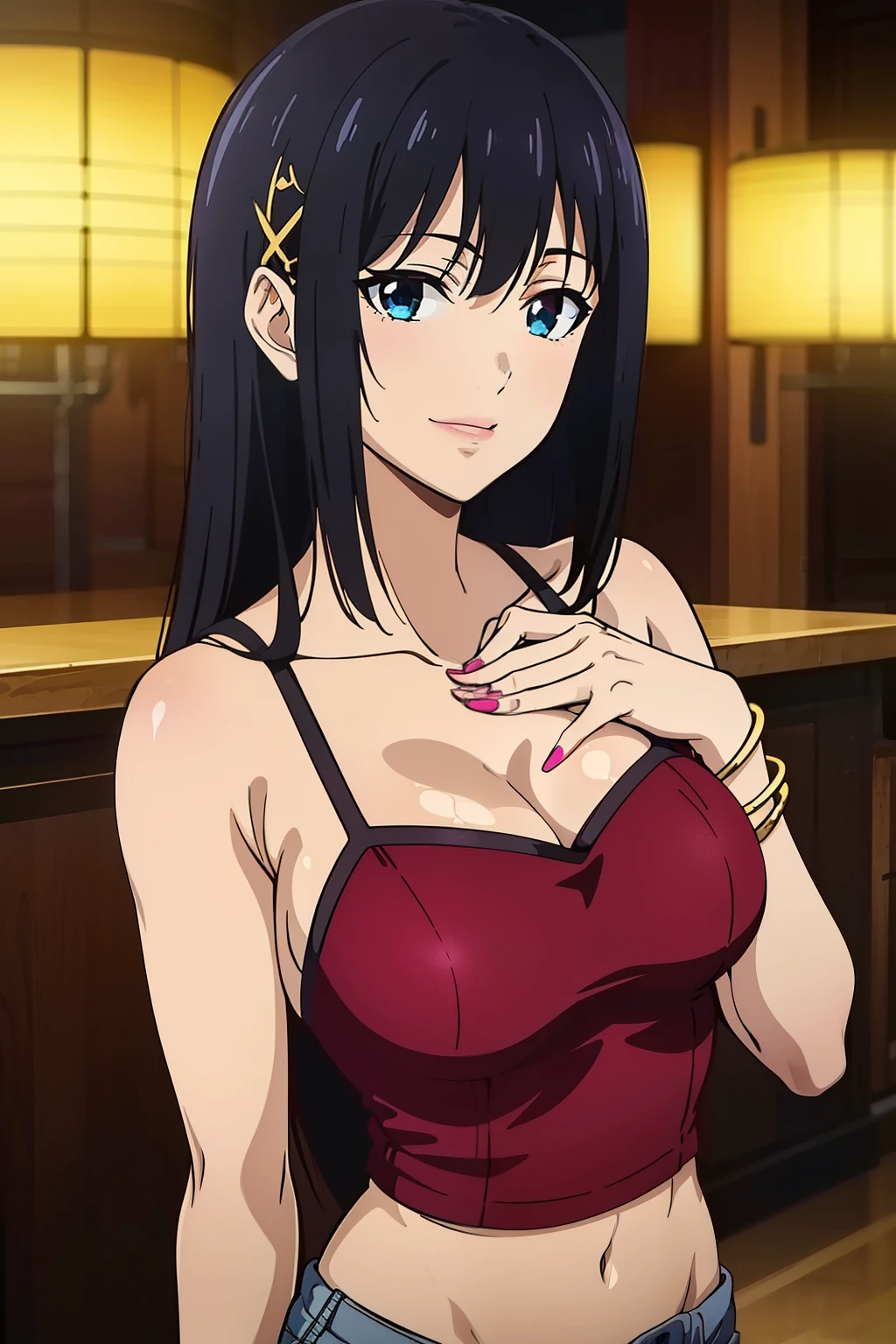 (masterpiece, best quality, high resolution, 8k:1.2), (anime coloring, official art:1.3), highly detailed CG Unity 8K wallpaper, perfect Lighting, colorful, bright_front_face_lit, shiny skin, high resolution, 4k, Super detailed, photo shoot, 8K, HDR, High resolution, (disorganized:1.2), kodak portrait 400, film grain, blurred background, (Bokeh:1.2), Lens flare, (lively_color:1.2), (perfect face, perfect eye), perfect body, beautiful body, beautiful skin, beautiful breasts, beautiful legs, beautiful hands, beautiful face, beautiful eyes, symmetrical eyes, (1 girl), (realistic face:1.2), (smile), (mature face, natural lips:1.2), (slim, lanky), (tanned skin:1.1), (gal makeup, false eyelashes, pink gradient eyeshadow), (long hair, wavy hair, hair ornament), (fingernails, nail polish), (collarbone, tattoo, camisole, navel, shorts, bracelet, jewelry, boots, gal fashion), (japanese city, shibuya city, day, blue sky), (upper body:1.2), smile, looking at viewer, dutch angle, subtle fine shimmer, seamless blend, two-tone layered eyeshadow technique,