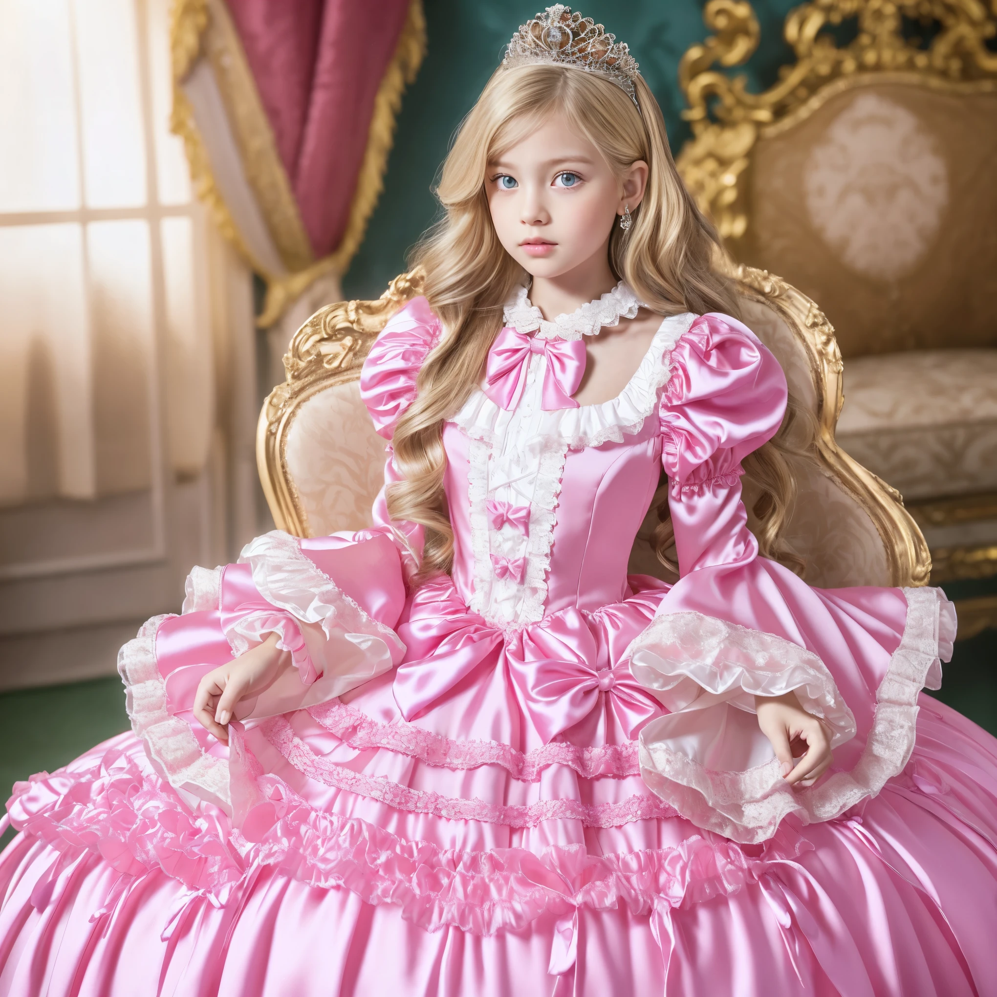 ,Highest Quality, masterpiece, highest resolution, Artwork, super それにget used to it, many get used to it, get used to it, それにget used to it, 3k photos,((( 10 year old girl,European,blonde long hair:1.0)),The three are princesses,long ball gown dress with hoop skirt,ruffled yoke collar,puff sleeve,long sleeve,((Princess Satin Dress with Lolita Hot Pink Details、With Lots of Ruffles and Bows)),rococo style lolita fashion,((shiny satin dress)),Soft Smooth Fabric,luxury,long blonde hair,blue eyes, WHITE SKINED EUROPEAN  , HIGH QUALITY BACKGROUND ,
