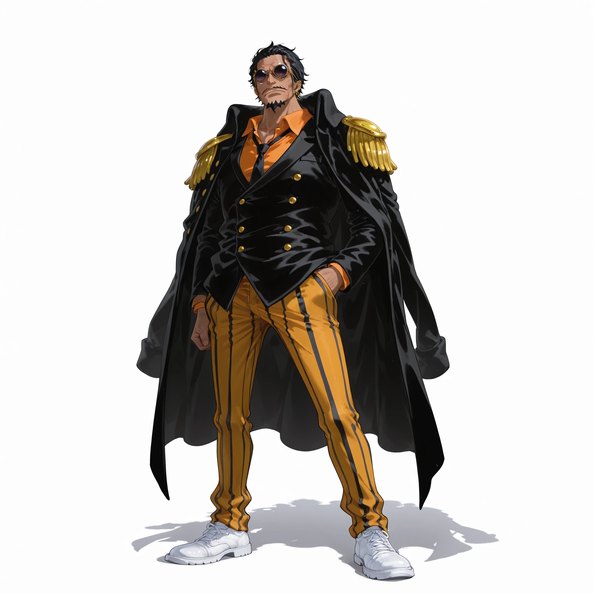 (male), (middle aged man), (tall body), (dark skin), (short black hair), (thin mustache and goatee), (sharp eyes behind square sunglasses), (serious face), (solo), (single character), (full body version), (white background), (no background), (highly detailed), (shadow), (standing pose with one hand in pocket), (natural light), (detailed outfit), (detailed face), (detailed hair)
Wearing a long white justice coat with golden shoulder pads draped over his shoulders, a black and gold vertical striped double-breasted suit with orange shirt and tie, matching striped pants, white shoes with golden accents, holding a yellow booklet in his hand. (One piece style art)