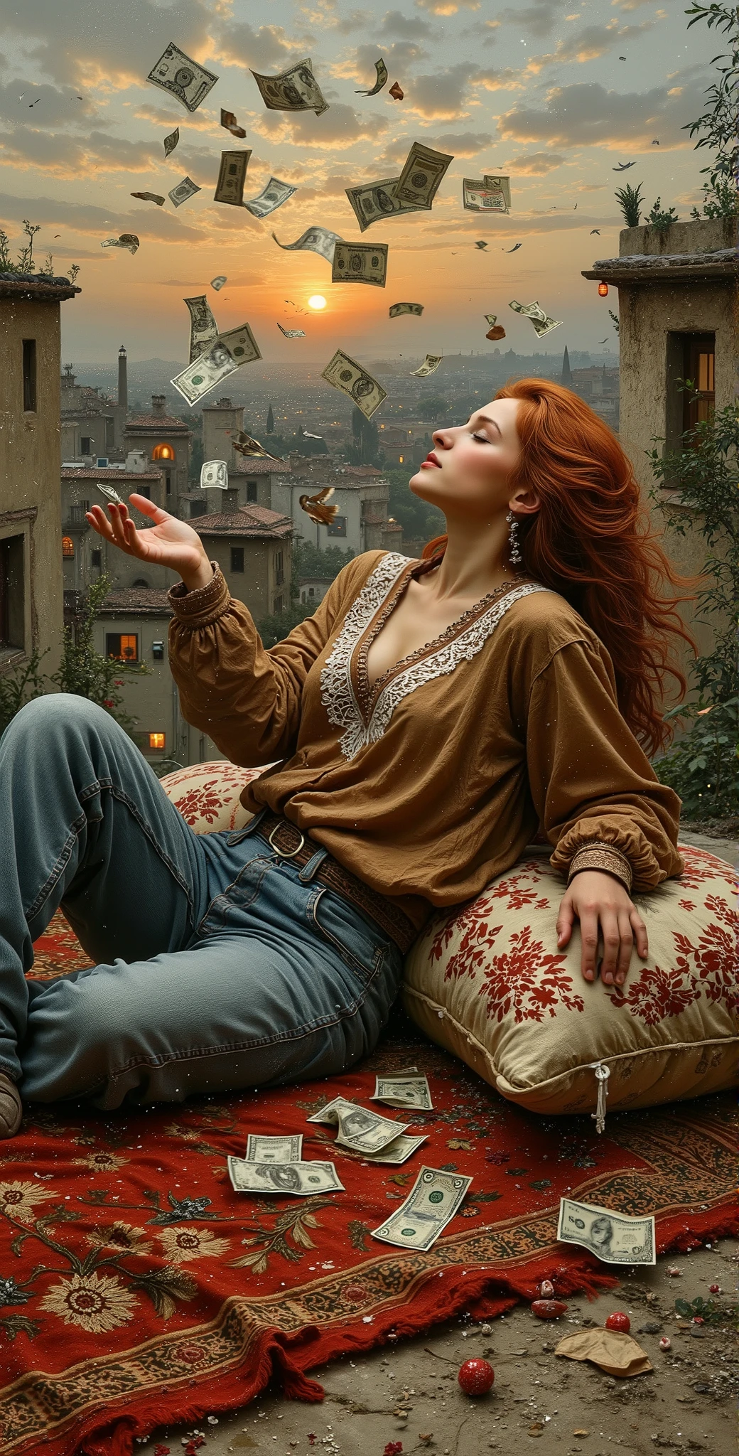 created a painting with oil painting with huge details , In the style of the artist Leonardo Davinci , In the era of the European renaissance , A fully detailed painting of an Arab woman lying on the roof of the house on an Arab carpet holding a collection of banknotes and throwing them in the sky and looking half-smiling at the sky during the sunset.. Decorated pillows surround her, her hair is thick red. Her hair falls on her shoulders as if it was shiny silk .
The woman wears jeans and a transparent brown lace shirt decorated in white and red. She rests on an embroidered pillow. At the back, we see distant houses with their windows lit, a picture that seems cinematic, and the angle of view from the top is near the feet. The frame is full of the woman in the picture.
