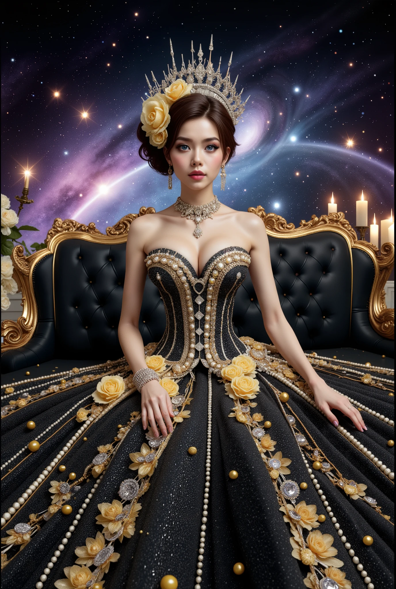 A beautiful Asian idol girl with white skin, douyin-style makeup face, eyelashes, With fake giant breasts, blue eyes, wearing a tight strapless dress that presses the breasts, with a sexy and slim body, a small waist, glass effect on the dress, sitting in space, UHD, luxurious dress, a dress decorated with pearls, diamonds, jewels, and flowers, a dress emitting light, the most elegant and extraordinary dress, a fantasy dress, a beautiful digital artwork, a beautiful fantasy empress, wearing a strapless dress made of beads and carbon fiber, a photo with very sharp details, the best quality: 1.2),, (8k, high resolution, RAW photo, realistic, photo-realistic: 1.3), (detailed skin texture, detailed fabric texture, detailed element texture, exquisite detailed face: 1.25), professional lighting, photon mapping, beautiful soft light, radiosity, physically based rendering, raytracing, model shooting style, model shooting style, (highly detailed 8k unity CG Wallpaper), the most beautiful artwork in the world. (Body Navel) (chest push up)