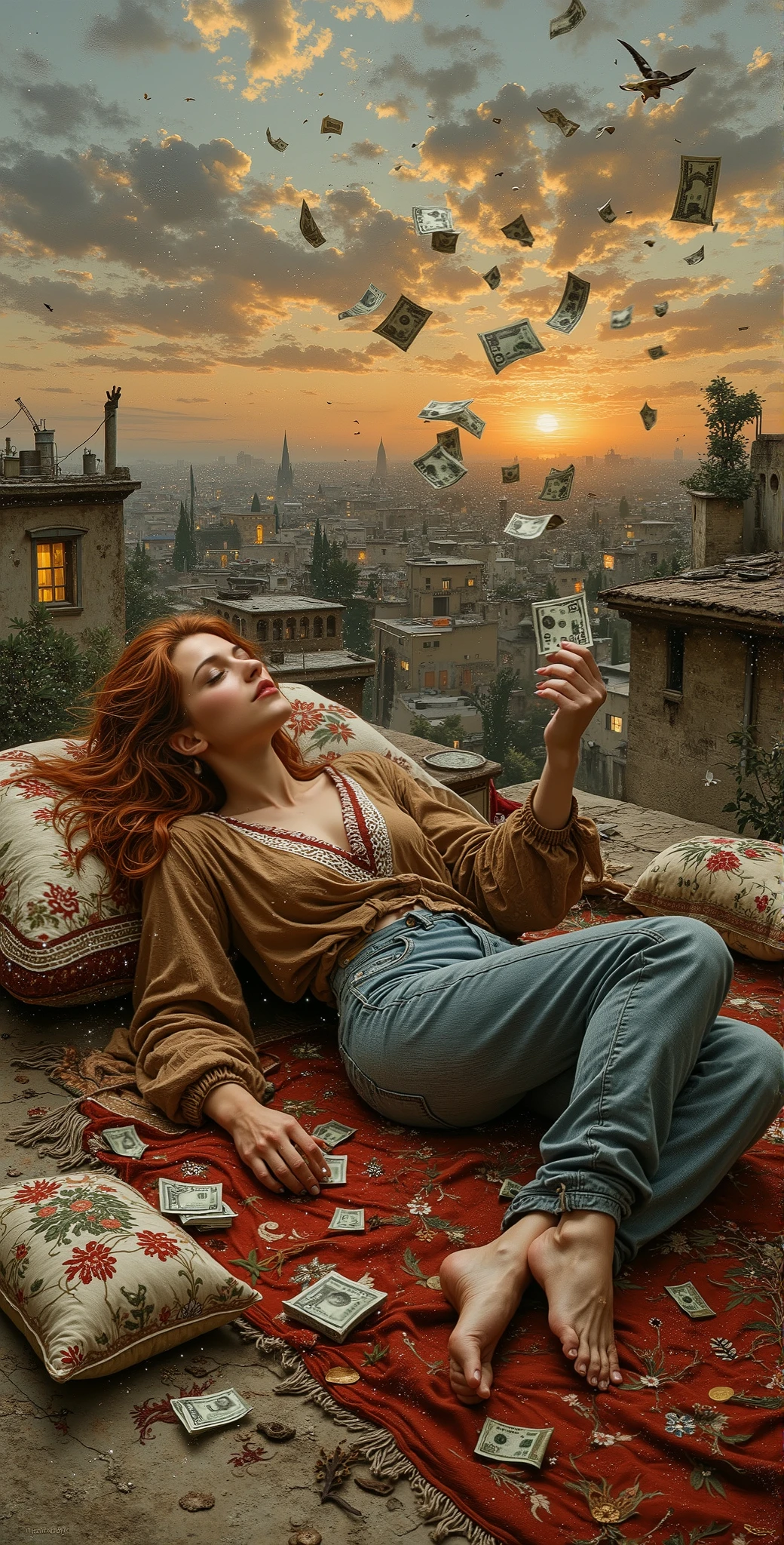 created a painting with oil painting with huge details , In the style of the artist Leonardo Davinci , In the era of the European renaissance , A fully detailed painting of an Arab woman lying on the roof of the house on an Arab carpet holding a collection of banknotes and throwing them in the sky and looking half-smiling at the sky during the sunset.. Decorated pillows surround her, her hair is thick red. Her hair falls on her shoulders as if it was shiny silk .
The woman wears jeans and a transparent brown lace shirt decorated in white and red. She rests on an embroidered pillow. At the back, we see distant houses with their windows lit, a picture that seems cinematic, and the angle of view from the top is near the feet. The frame is full of the woman in the picture.