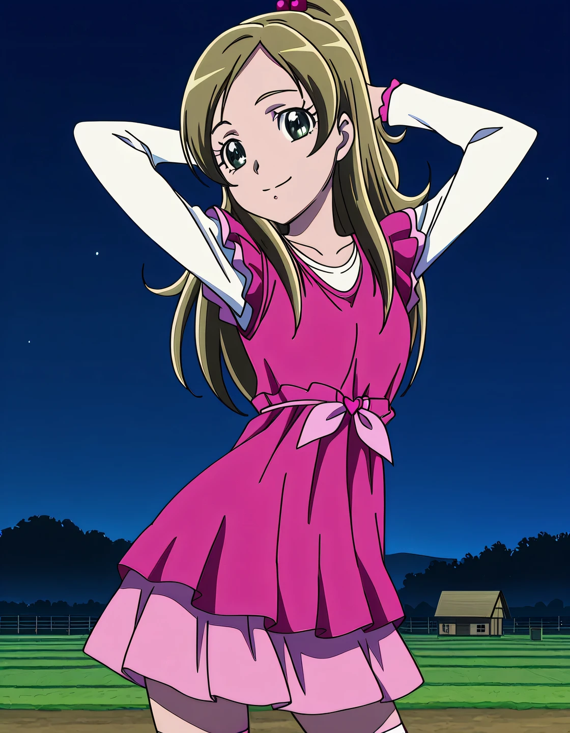 minamino kanade, casual, brown hair, blonde hair, long hair, half updo, ponytail, eyelashes, green eyes, hair bobbles, pink dress, white shirt, long sleeves, frills, pink skirt, pink bow, thighhighs, anime screencap, high quality, alone, Farm, night sky, arms behind head, ((contrapposto)), closed mouth, cowboy shot, looking at viewer, smile, best quality