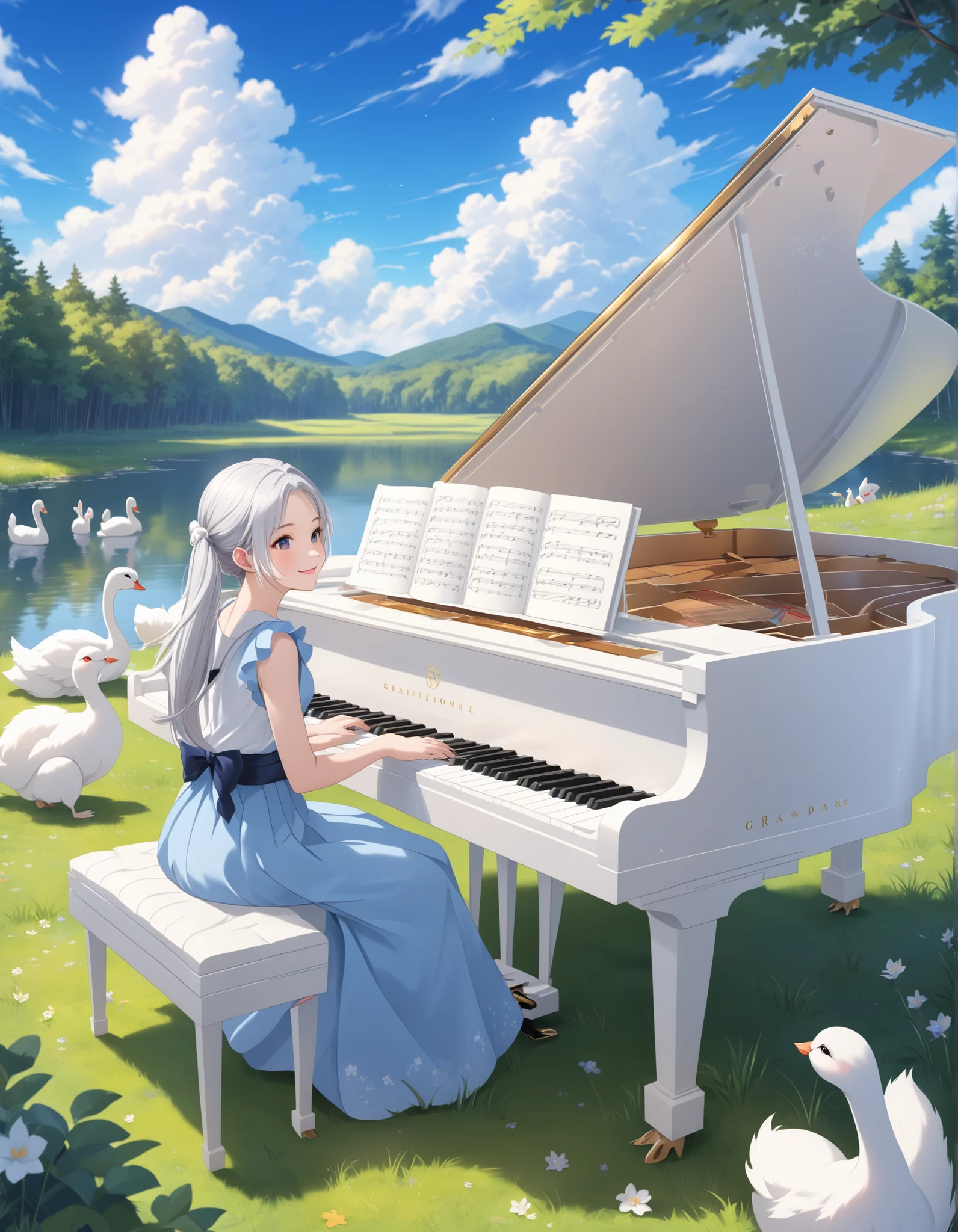 Long silver hair、beautiful girl with twin tails、Smile Yan、close-up、around the lake in the bright forest、playing the grand piano、White Clouds in the Blue Sky、Squirrels and rabbits、swans gather in the lake