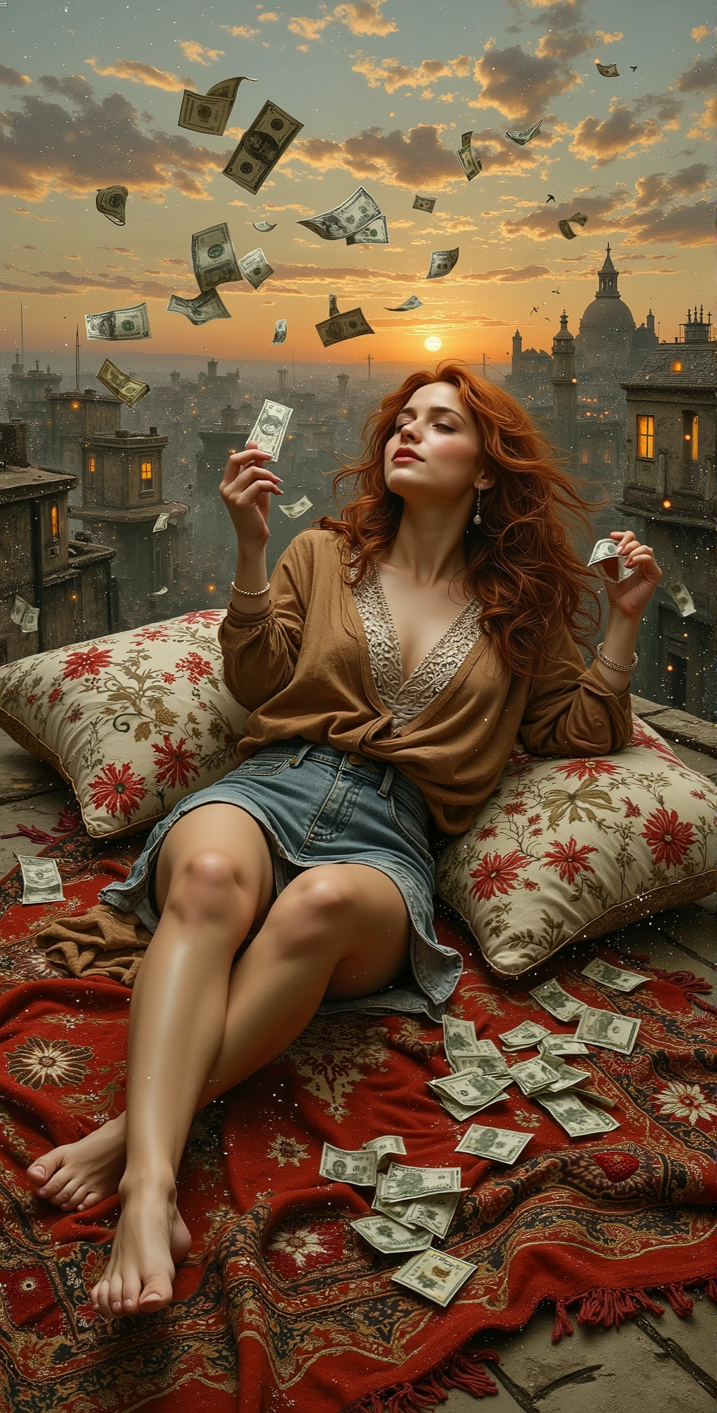 created a painting with oil painting with huge details , In the style of the artist Leonardo Davinci , In the era of the European renaissance , A fully detailed painting of an Arab woman lying on the roof of the house on an Arab carpet holding a collection of banknotes and throwing them in the sky and looking half-smiling at the sky during the sunset.. Decorated pillows surround her, her hair is thick red. Her hair falls on her shoulders as if it was shiny silk .
The woman wears a jeans skirt and a transparent brown lace shirt decorated in white and red. She rests on an embroidered pillow. At the back, we see distant houses with their windows lit, a picture that seems cinematic, and the angle of view from the top is near the feet. The frame is full of the woman in the picture.