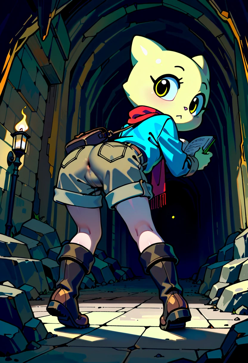 (masterpiece:1.3, 8k:1.3, Highest Quality:1.3, detail:1.3, high resolution:1.3, Digital Painting, Super Detailed),
3/4 viewers, Anime Explorer Girl, cream long sleeve shirt, red scarf, brown shorts with utility pockets, Leather Belt, knee-length boots, Butt Under Pants, satchel bag with archeological tools,
( slightly dynamic poses :1.2), Stare forward while gazing carefully at the cave paintings, Holding a Torchlight with One Hand, my other hand gently touches the wall, Subtle Body Twists and Shoulder Movements, Naturally swaying hair and scarf,
(highly detailed eyes:1.3), Sharp irises , well-groomed eyelashes, Eye highlights, glowing eyes, focused and curious expression,
smooth skin texture, glossy skin:1.2, Fresh Skin, Subtle sheen, clean line through the anus:1.2, Accurate facial contours, fine line detail , Sharp contours,
Research ancient cave paintings I have, torchlight warmly illuminates, Reflections on the Cave Wall, Mysterious Atmosphere,
Stalactites and Stalagmites, scattered excavation equipment (Brush, notebook with dancing characters, small pickaxes), Detailed Cave Interior, subtle dust particles,
cinematic perspective , realistic proportions, Soft Shadows, high resolution, Clear Focus