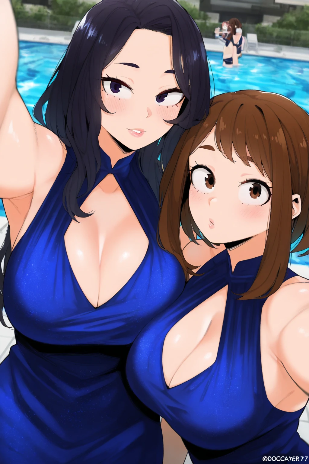 2heads, a chubby woman with two heads. She has massive ???????. She is wearing a ?????? top and jean shorts. She is at a beach. Her ??????? are enormous. She is smiling wide.
