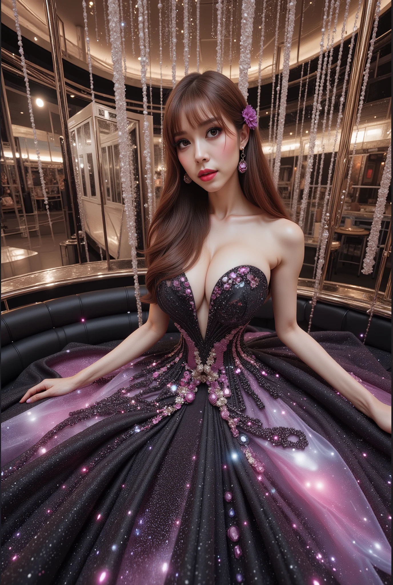 A beautiful Asian idol girl with white skin, douyin-style makeup face, eyelashes, With fake giant breasts, blue eyes, wearing a tight strapless dress that presses the breasts, with a sexy and slim body, a small waist, glass effect on the dress, sitting in space, UHD, luxurious dress, a dress decorated with pearls, diamonds, jewels, and flowers, a dress emitting light, the most elegant and extraordinary dress, a fantasy dress, a beautiful digital artwork, a beautiful fantasy empress, wearing a strapless dress made of beads and carbon fiber, a photo with very sharp details, the best quality: 1.2),, (8k, high resolution, RAW photo, realistic, photo-realistic: 1.3), (detailed skin texture, detailed fabric texture, detailed element texture, exquisite detailed face: 1.25), professional lighting, photon mapping, beautiful soft light, radiosity, physically based rendering, raytracing, model shooting style, model shooting style, (highly detailed 8k unity CG Wallpaper), the most beautiful artwork in the world. (Body Navel) (chest push up)
