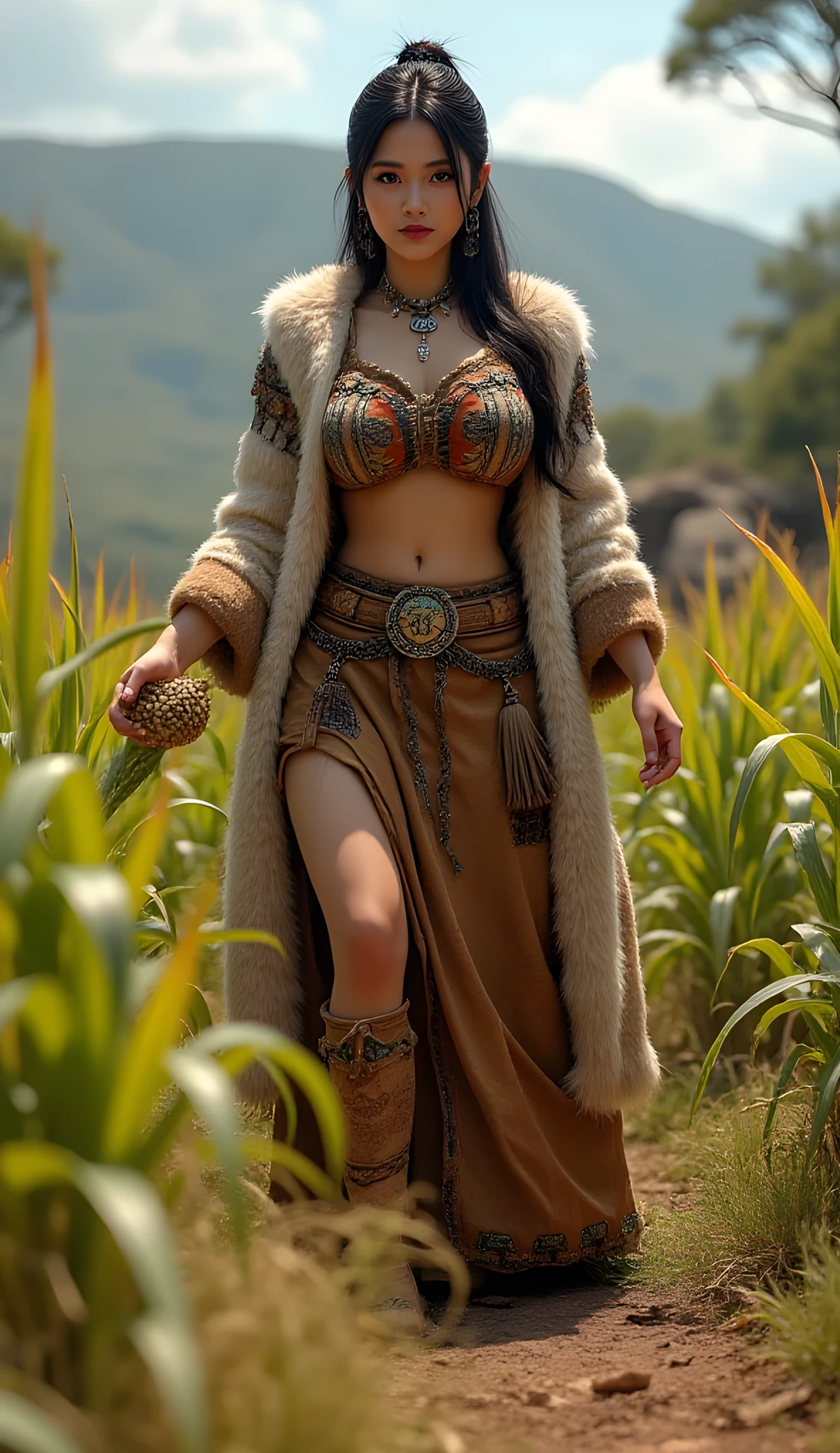 Ancient prehistoric age era,
(Stone civilization age era:1.6),
((Realistic cinematography ultra-wide depth intense stunning lots of realistically ultra-detailed savana angle of scenery)),plant domesticated,the detailed of an aztec female farmer holding and handling a realistic intricately a soil of small Maize weeds,,, (),(farmer community),(()),wearing fully coverage, long fur primitively fabric long aztec kimono 👘and long coat primitive wardrobe robe aztec dress,,,(perfectly depth symmetrically curvy form, and busty body shapely),(cinematic dynamically camera widely angle scenery:accurately depicted:1.3),the lively prehistoric aztec civilization depicting scenery,afternoon,realistically full depth,(cinematography dynamic angle|hyperrealistic:realistic scenery:3d texture over the scenery),summer season,best videography angle,hdr,golden hour, (cinematography vibe),primitive wardrobe,(dynamic image composition),(octane 3d rendering|50mm lens shot:1.3),(lifelike skin texture:lifelike hairs:realism),(best rule of third photography composition),(best image aperture),(full details depth of field),(best shutter speed),(RAW photo image),(photorealistic|photorealism:hyperrealism style),(realistic depth 3d:cgi:1.3),(trending on cgsociety:devianart:unreal engine 5),,(best photography:national Geographic style), tikiPunkAi and greenPunkAi artwork, digital art,best lighting concept,(realistic intricately fixed truly fully human's anatomy body+hands+and+fingers anatomical),natural motion,inspired by farcry5 game artwork.