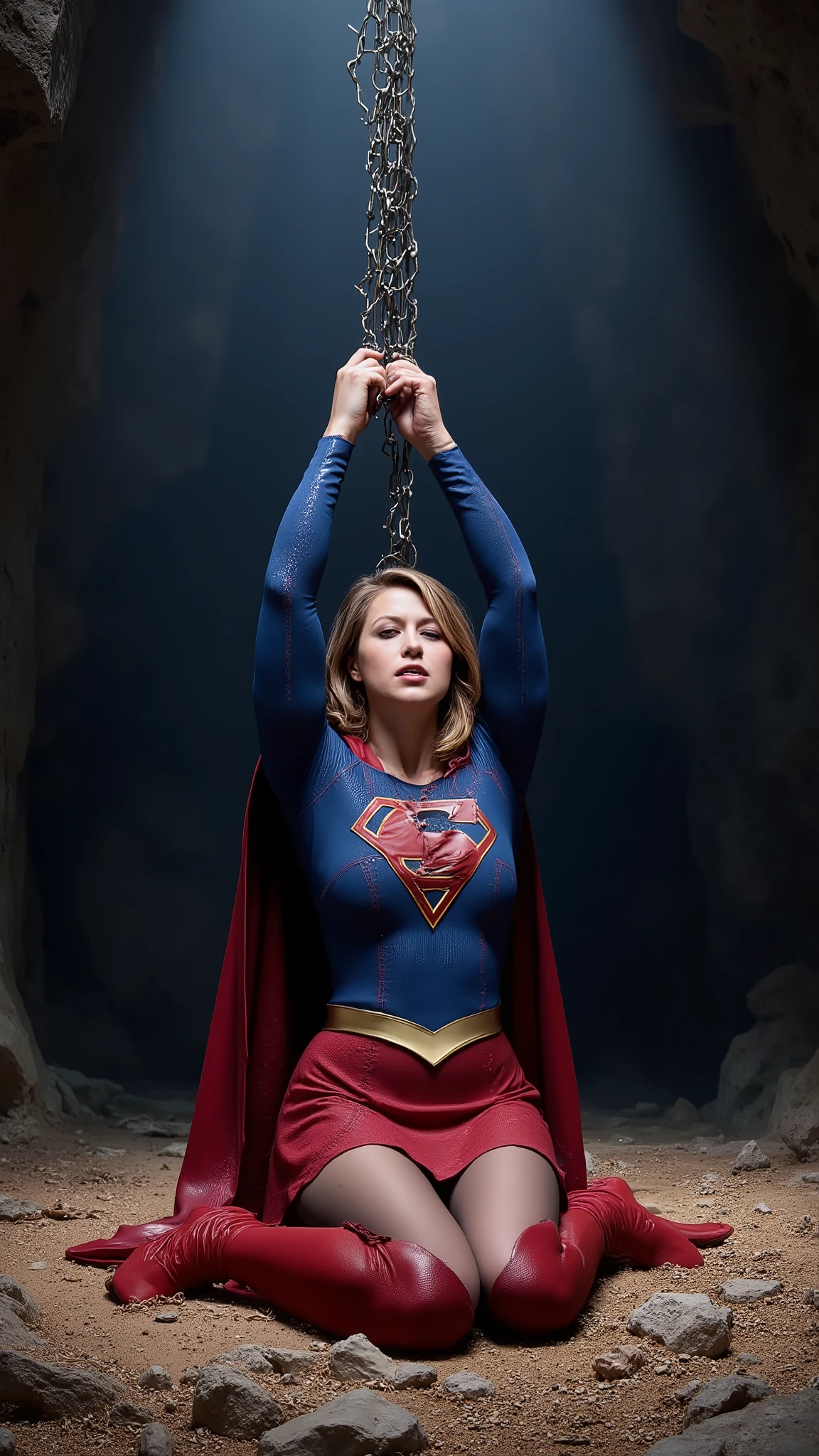 Melissa Benoist as Supergirl, the Supergirl is kneeling and her hands is hanging over her head, she is hanging her wrists to the ceiling with chain, she is unconscious, eyes close, She is wearing a Supergirl costume with red skirt, pantyhose and red knee height boots, her condition is tired, torn clothes, torn pantyhose, painful face, bright spotlight to her body, cum on her forehead, cum on her skirt, cum on her thighs, in the cave,
