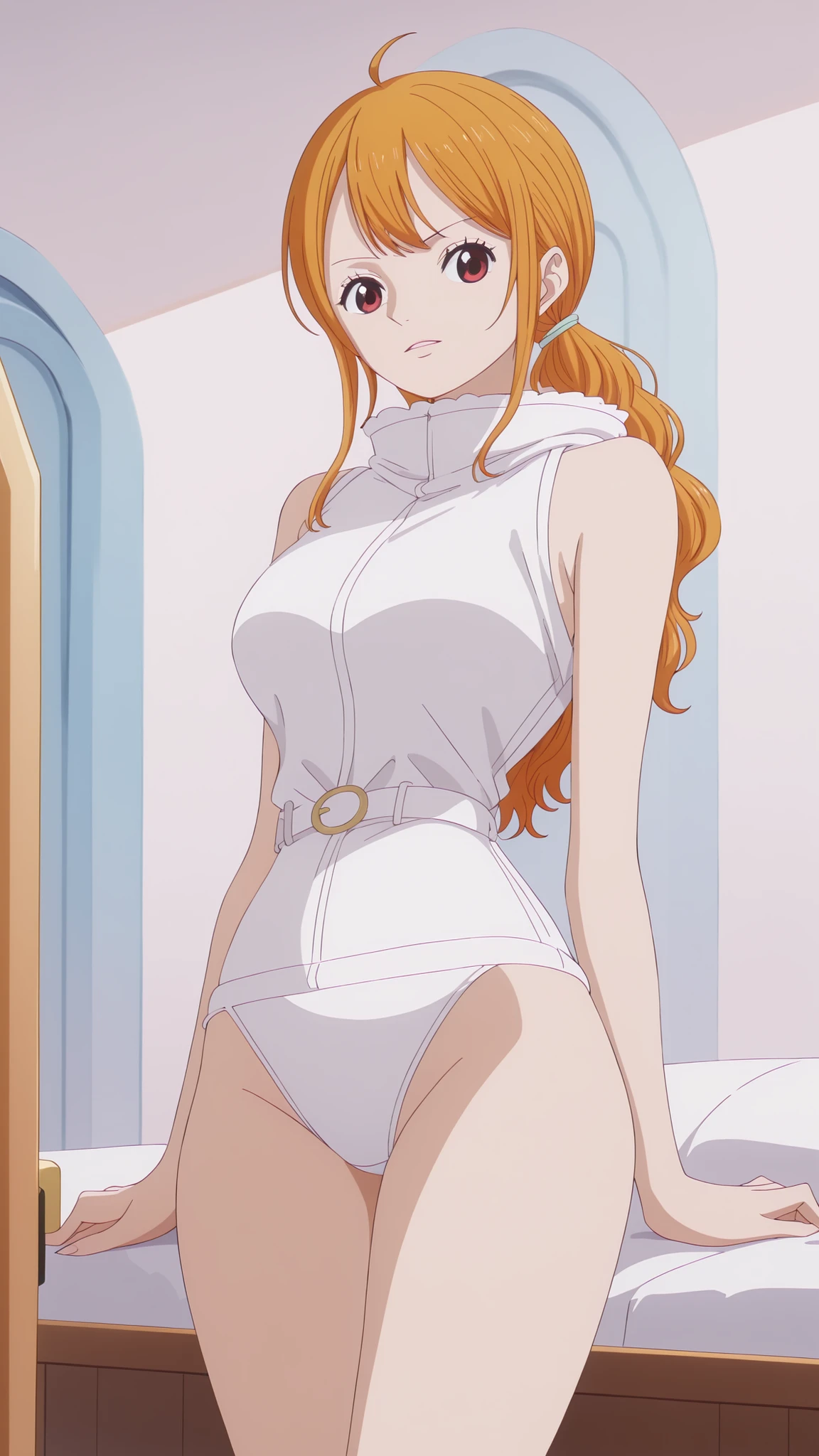 Nami in One Piece、Stunning with a stylish all-white outfit ,spread legs,show white panties,
