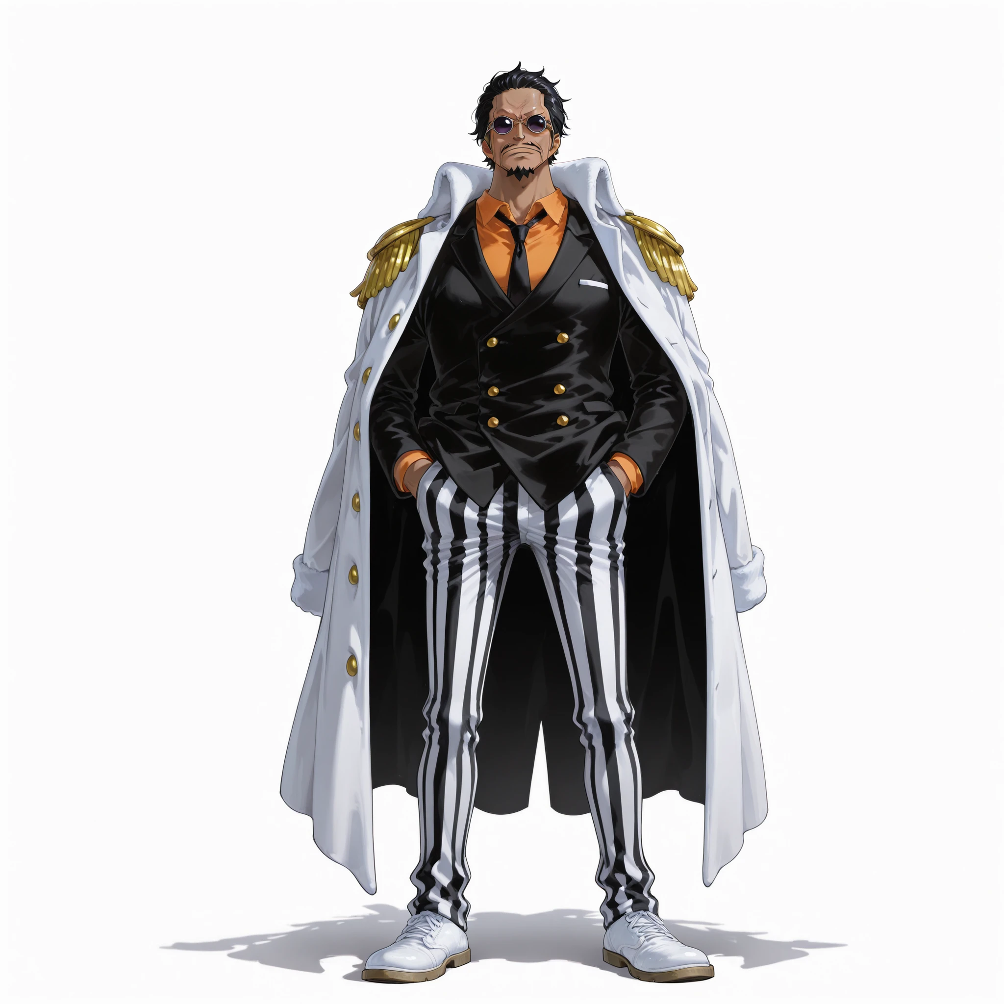 (male), (middle aged man), (tall body), (dark skin), (short black hair), (thin mustache and goatee), (sharp eyes behind square sunglasses), (serious face), (solo), (single character), (full body version), (white background), (no background), (highly detailed), (shadow), (standing pose with one hand in pocket), (natural light), (detailed outfit), (detailed face), (detailed hair)
Wearing a long white justice coat with golden shoulder pads draped over his shoulders, a black and gold vertical striped double-breasted suit with orange shirt and tie, matching striped pants, white shoes with golden accents, holding a yellow booklet in his hand. (One piece style art)