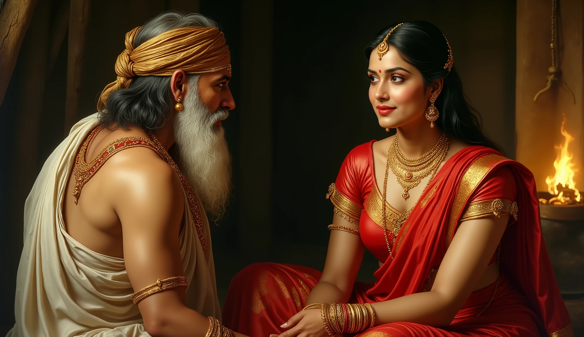 Full hd elegant picture of a beautiful indian women wearing wet red saree and wet red blouse sitting in the hut in front of born fire and talking to a 50 years old indian rishi wearing white dress