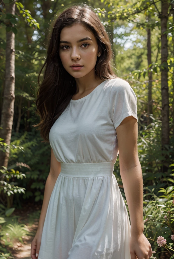 1girl in, 30 years old, Square face, Long hair, Looking at viewer, jewelry, Reality, , Short skirt outfit, , forest background, free pose