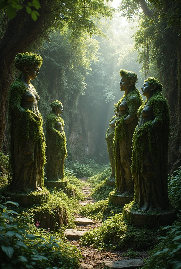 In an abandoned garden, the statues of Greek gods that were scattered all over the place are covered with moss