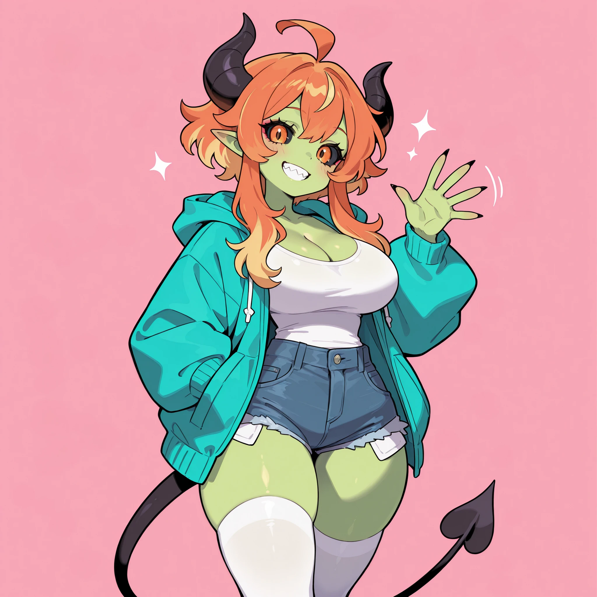 masterpiece, ultra-HD, impressionism, high detail, best quality, very aesthetic, 8K, best quality, beautiful, ultra-high resolution, 32K UHD, sugimorixd, 1girl, solo, succubus, short messy blonde hair, orange hair, multicolored hair, long locks, ahoge, black sclera, orange eyes, eyelashes, eyeliner, sharp teeth, sharp nails, pointy ears, demon horns, demon tail, green skin, big breasts, narrow waist, wide hips, thick thighs, shapely legs, slim, petite, turquoise hooded jacket, white t-shirt, cleavage, denim shorts, white thigh high socks, blushed, smile, cute, hand on pockets, waving hand, standing, looking at viewer, simple background, from the front view