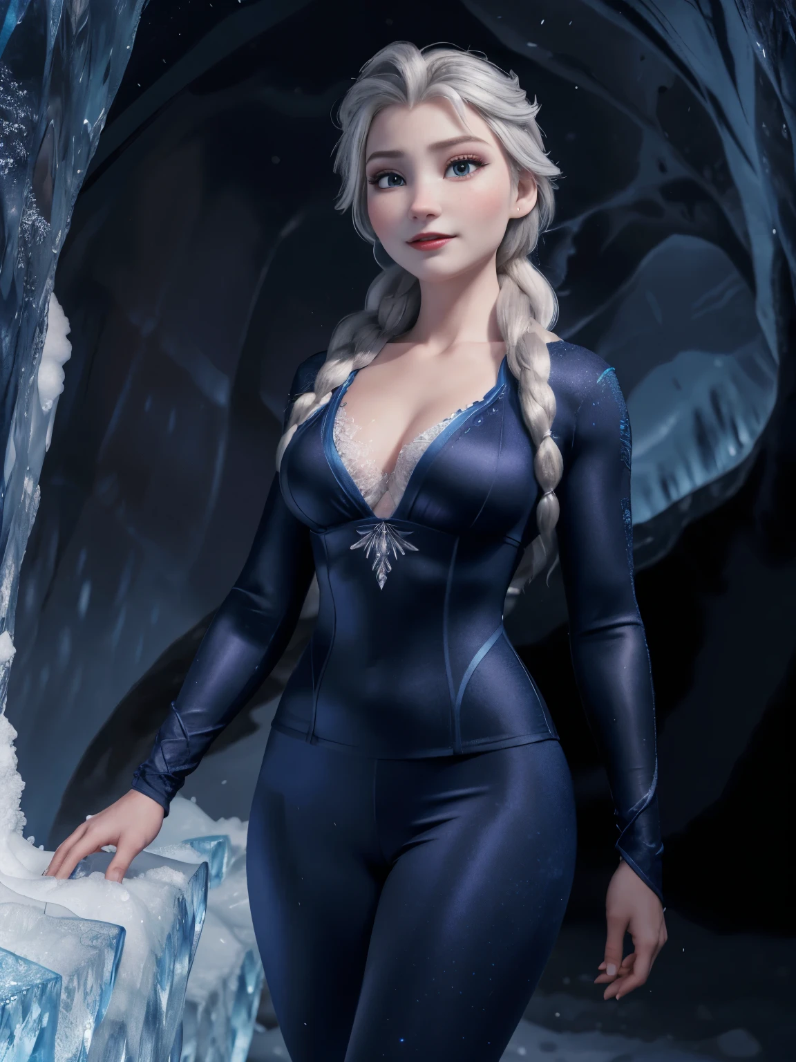 Photo of Elsa Forzen of Arendelle wearing Blue gym outfit, Nice, show breasts, tall, sexy legs, small breast, brighter natural lighting, available natural light, cloudy white balance, morning scene, ((midnight, hyperrealistic, 8k, masterpiece: 1.3)), sublime woman with full body, long legs, focal length: 1.2, figure with small breast，Beautiful woman with perfect figure: 1.4, ((Silver hair, Small breasts :1.2 )), (low chest， ((ice cave, frozen, Yuki))，Very detailed facial and skin texture, there are a lot of people there，eyes detailed, double eyelids, big eyes, nice small breast, 25 years old, crispy breasts, smiling, curls, lipstick, wears earrings, noble beauty, Plum, white skin, hot, small breast are very charming, eye shadow, attractions, frozen, ice cave, dynamic pose.
