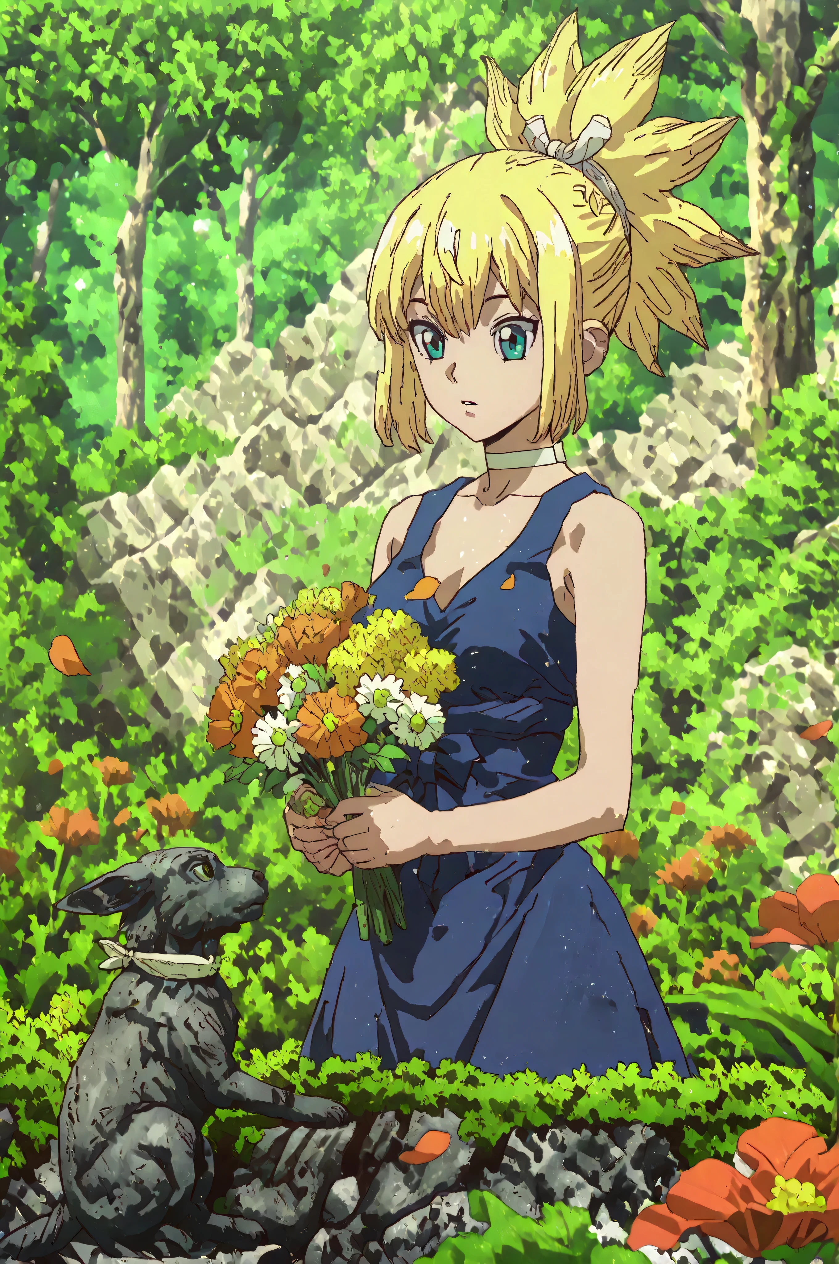 1girl, amber \(DR. stone\), blonde hair, ponytail, choker, green blue eyes, amberDRess, blue DRess, gardening, delicately placing colorful wild flowers on statues of people turned to stone, concentrated and respectful expression, arrodillada junto a estatuas de pieDRa, holding a bouquet of various flowers in one hand, petals gently falling, golden sunset light illuminating the scene, melancholic and hopeful environment, petrified forest in the background, soft depth of field, focus on hands decorating with flowers, Detailed Composition, anime style, contraste entre la vida de las flores y la pieDRa, all around is like a garden covered with flowers