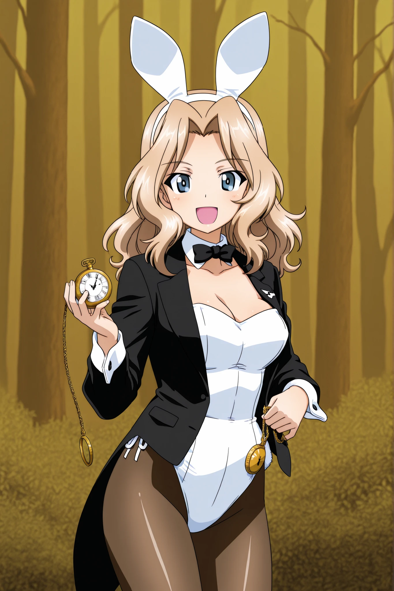 1girl, Character, Girls Und Panzer, Kay, white bunny uniform, pantyhose, bowtie, playboy_bunny, rabbit_ears, detached_collar, highleg_leotard, wrist_cuffs, playboy bunny, rabbit ears, tuxedo jacket, holding a large pocket watch, happy, forest, portrait shot, Girls_und_Panzer art style
