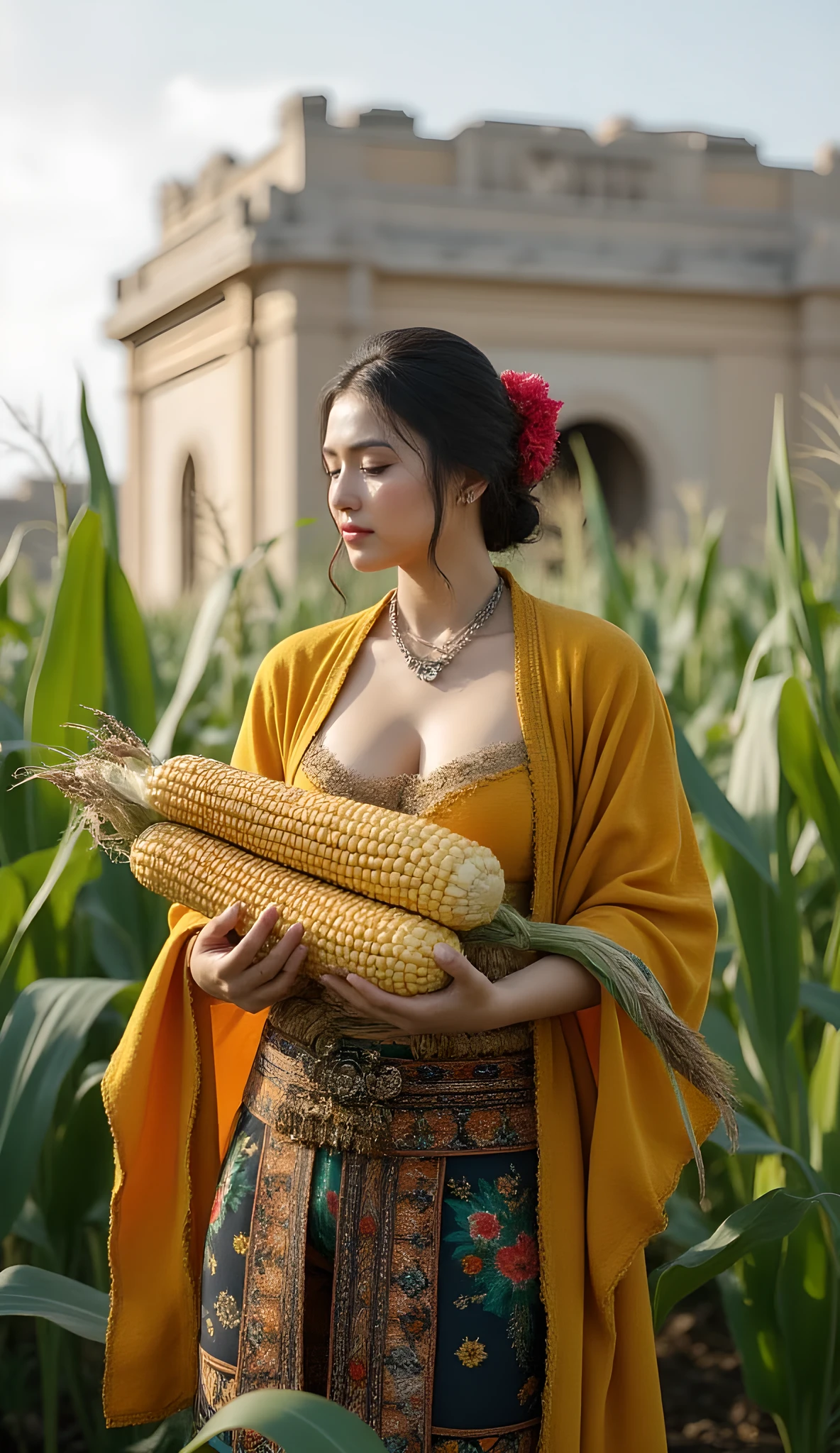 Ancient prehistoric age era, 
(Stone civilization age era:1.6), 

((Realistic cinematography ultra-wide depth intense stunning lots of realistically ultra-detailed corns plantation farm angle of scenery)),,the detailed of an aztec female farmer holding and handling a realistic intricately a big size harvest corn vegetable crop,good quality big corn crop,, (🌽),(farmer community),(()),wearing fully coverage, long primitively plant fabric long aztec kimono 👘and long coat primitive wardrobe robe aztec dress,,,(perfectly depth symmetrically curvy form, and busty body shapely),(cinematic dynamically camera widely angle scenery:accurately depicted:1.3),the lively prehistoric aztec civilization depicting scenery,afternoon,realistically full depth,(cinematography dynamic angle|hyperrealistic:realistic scenery:3d texture over the scenery),summer season,best videography angle,hdr,golden hour, (cinematography vibe),primitive wardrobe,(dynamic image composition),(octane 3d rendering|50mm lens shot:1.3),(lifelike skin texture:lifelike hairs:realism),(best rule of third photography composition),(best image aperture),(full details depth of field),(best shutter speed),(RAW photo image),(photorealistic|photorealism:hyperrealism style),(realistic depth 3d:cgi:1.3),(trending on cgsociety:devianart:unreal engine 5),,(best photography:national Geographic style), tikiPunkAi and greenPunkAi artwork, digital art,best lighting concept,(realistic intricately fixed truly fully human's anatomy body+hands+and+fingers anatomical),natural motion,inspired by farcry5 game artwork.