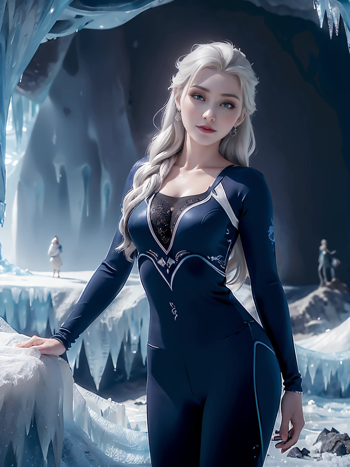 Photo of Elsa Forzen of Arendelle wearing Blue gym outfit, Nice, show breasts, tall, sexy legs, small breast, brighter natural lighting, available natural light, cloudy white balance, morning scene, ((midnight, hyperrealistic, 8k, masterpiece: 1.3)), sublime woman with full body, long legs, focal length: 1.2, figure with small breast，Beautiful woman with perfect figure: 1.4, ((Silver hair, Small breasts :1.2 )), (low chest， ((ice cave, frozen, Yuki))，Very detailed facial and skin texture, there are a lot of people there，eyes detailed, double eyelids, big eyes, nice small breast, 25 years old, crispy breasts, smiling, curls, lipstick, wears earrings, noble beauty, Plum, white skin, hot, small breast are very charming, eye shadow, attractions, frozen, ice cave, dynamic pose.
