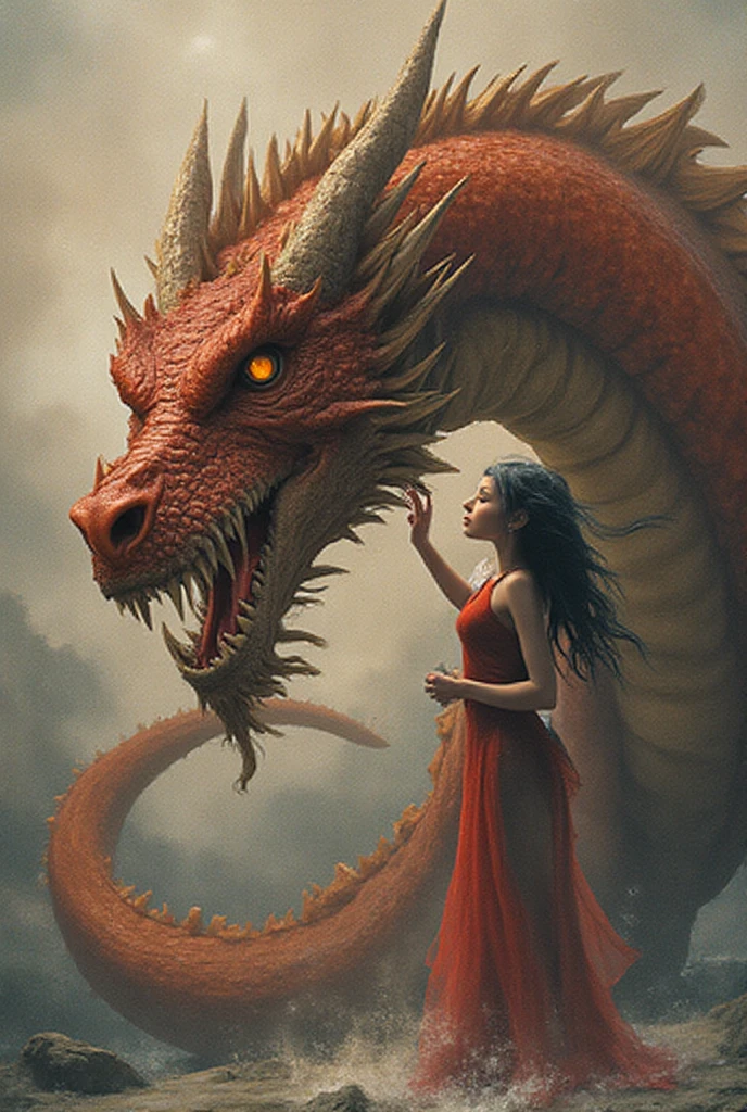  by Boris Vallejo, beautiful middle age woman, sitting on bed, wearing loose off top,  long blond hair, indoors, soft lighting,fire dragon in background, sunlight, ruined crashing room, relaxed pose, oil painting, intricate details, warm colors, by Boris Vallejo,silk & skin fantasy dress,