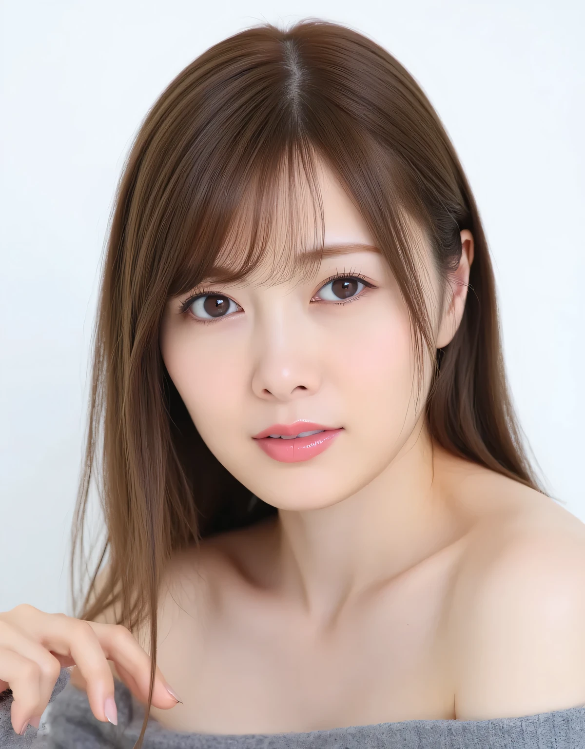 raw photo, reality, ((Staring)), ((Focus on the face)), ((close-up)), front view, Japanese Woman, Smile Yan, ((long hair, dark brown hair color, straight hair)), off shoulder, unedited, live-action, Authentic,  cute young girls , Beautifully Reflective Eyes, beautifully detailed lips, extremely delicate eyes and face, long eyelashes, かすかなSmile Yan,  Simple white background , Natural Light