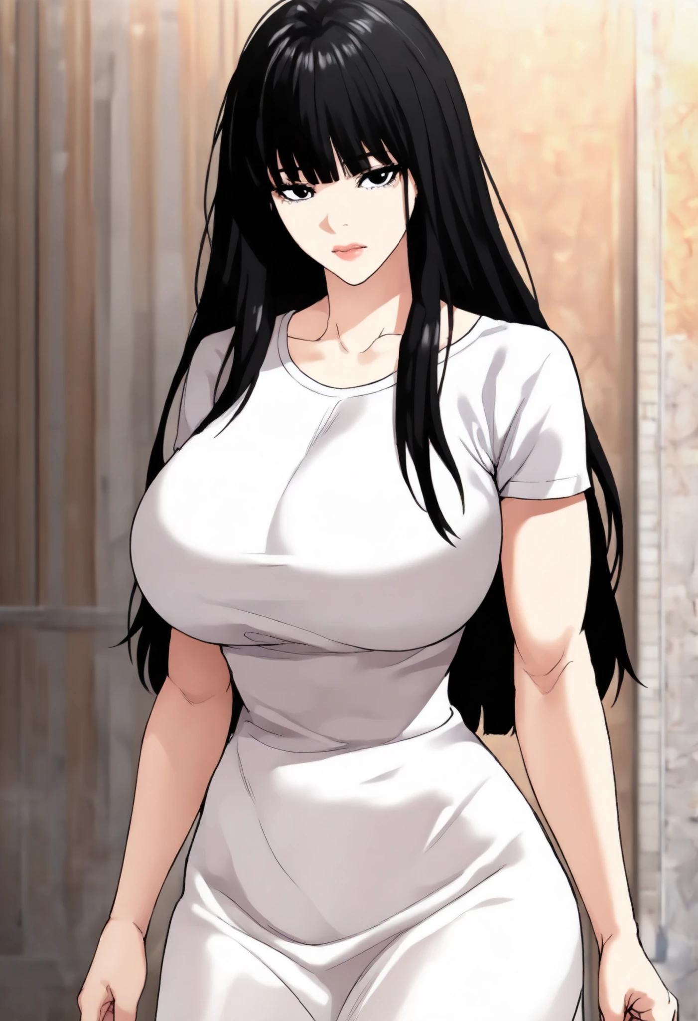 (Daniel park & yeowool ha) (yeowool ha zPDXL3, score_9_up, score_8_up, score_7_up, ,Masterpiece,(perfect female body:1.2), small waist, (incredibly detailed:1.4), beautiful fingers, (large breasts:1.4) looking at viewer, huge breasts, 1girl, Yeowool Ha, Black eyes, Black Hair, Long hair, Dress.) &( Daniel park : lookism_danielpark_orginal_body,two block cut,Black hair, lightly muscular body structure )