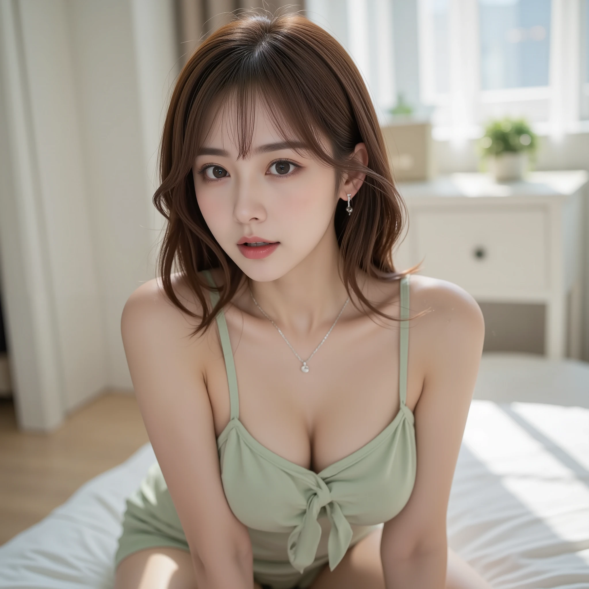 NSFW, (Top Quality), (Ultra-Precise CG 16K Wallpaper), (Realistic), (High Saturation), (Sharp), (Full Screen Image), Beautiful Detailed Shading, Beautiful Natural Lighting, Beautiful Detail Glow, Natural Light, Depth of Field, Zoom-in, (Mature 20-Year-Old Woman, One Person), (Beautiful Japanese Face), (Straight Semi-Long Hairstyle with Bangs Down), (Shiny Brown Hair), (Sparkling Eyes), (C-Cup Size Breasts), (Cleavage), (Beautiful Breasts), (Beautiful Legs), (Beautiful Skin), Beautiful Proportion, (Afternoon Sunlight), (Woman Open-Mouthed in Surprise: 1.6), (The Woman is Looking at Me), (Woman Wearing Light Green Silk Pajamas), (Wearing a Silver Necklace), (Sitting Pose Like a Fashion Model), (Girl's Room), (Head to Hip Shot of a Woman), (Image of a Woman Viewed from Three-Quarter Front), (Woman Sitting on a Bed),