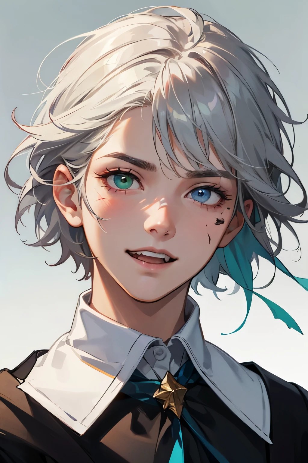 High resolution masterpiece, Excellent, ultra realistic quality, best proportions, ultra realista, ultra photographic, boy , gray hair with white tufts , Hair with marked afro-style laughs, short hair , heterochromia eyes one green eye and one blue eye, black school uniform, scar on your face that crosses half of your face , attractive face very detailed face, at school, Alone