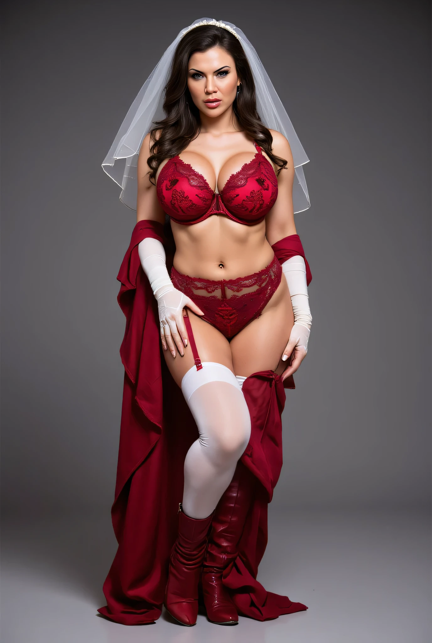 Full body girl standing . Thick body girl at a wedding .wearing high quality Red velvet bra and red velvet underwear . velvet Red ankle high boots .below knee boots and white thigh high opaque stockings under boots .white full sleeves gloves. white wedding veil on head. thick figure wide hips and big chest . grey background .Lightning focused on her. Deep red lipstick and makeup . thick very very long hair . intense angry look. full body pose. shadow on floor visible. sharp detailed 8k image .detailed face