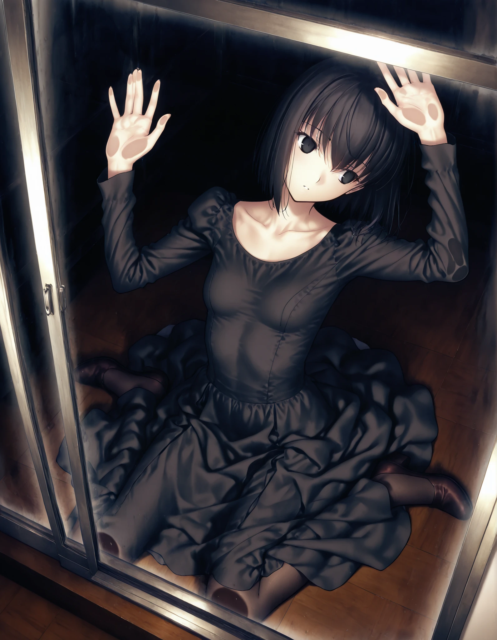 masterpiece, , absurdres, highres, detailed background, high resolution, masterpiece, necessary, detail, best quality, quality, necessary, details, High details, Precise, , indoors,(dark room, glass room ,against glass ,), dynamic angle ,from above ,(), ,
1girl, solo, (type-moon,) style, koyama hirokazu style, (aged up) ,() ,head tilt , glass,(), (wariza),
tall girl, ,long arms,(slim body, ),alice kuonji, ,black dress, black hair, short hair, black eyes, , , (), ,looking away, ,(small breasts), , , silky skin ,