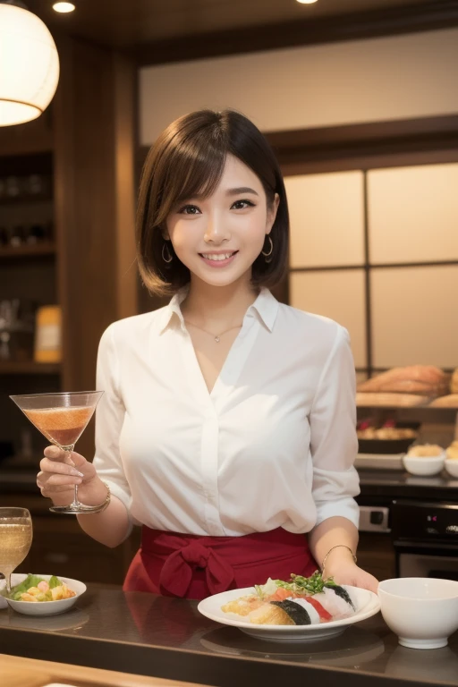 (8k, RAW photo, best quality, masterpiece:1.2), (realistic, photo-realistic:1.37), ultra-detailed,
1 girl,cute, solo,beautiful detailed sky,detailed cafe,night,sitting,dating,(nose blush),(smile:1.1),(closed mouth),large breasts,  smile, large aparture, professional lighting, Sony A7R4, Zessie 50mm F1.8,
Large breasts,beautiful detailed eyes,(collared shirt:1.1), bowtie,pleated skirt,(short hair:1.2),floating hair