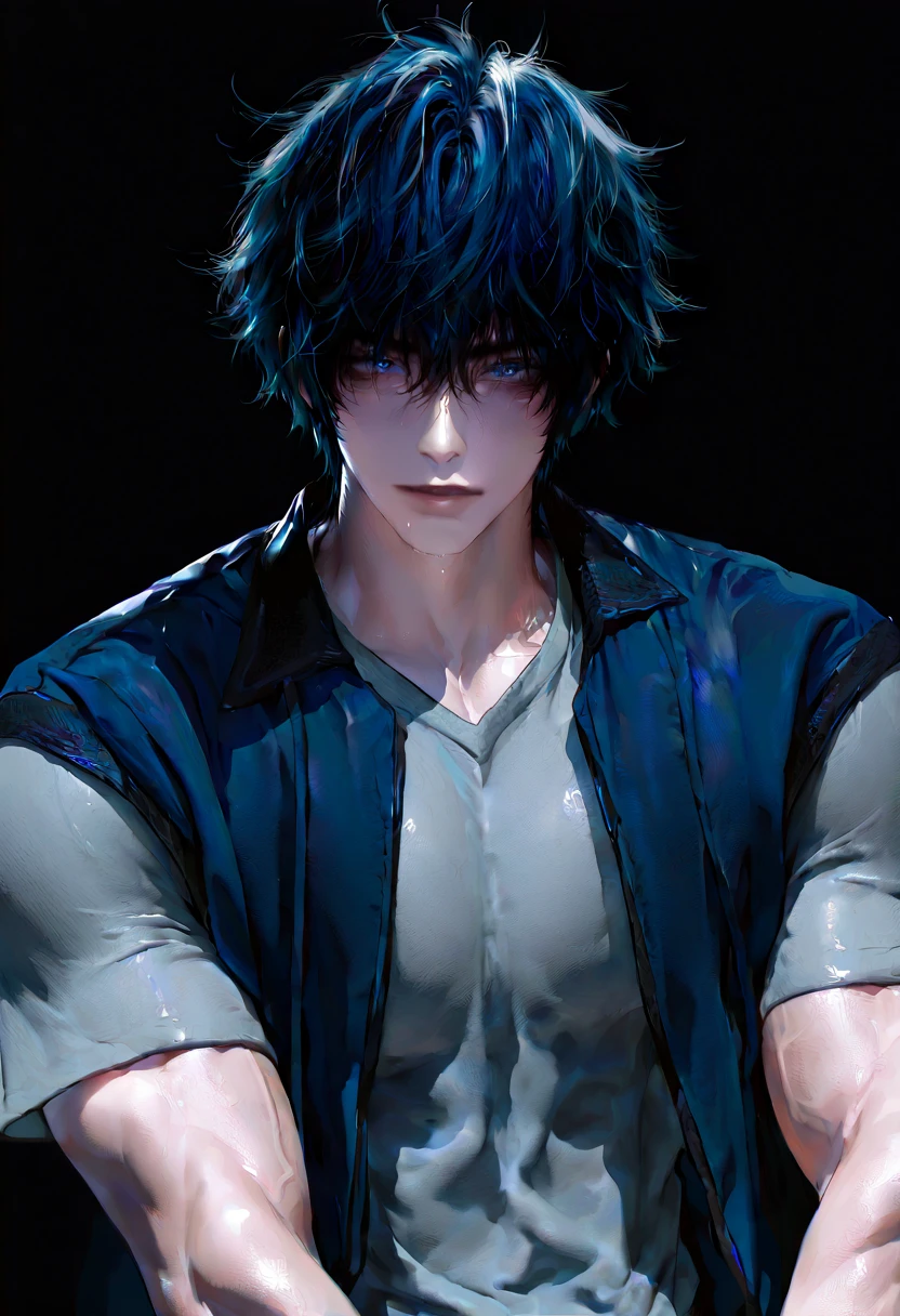 ((top-quality、in 8K、​masterpiece：1.3))、独奏、Handsome man with dark blue hair and  looking at camera,