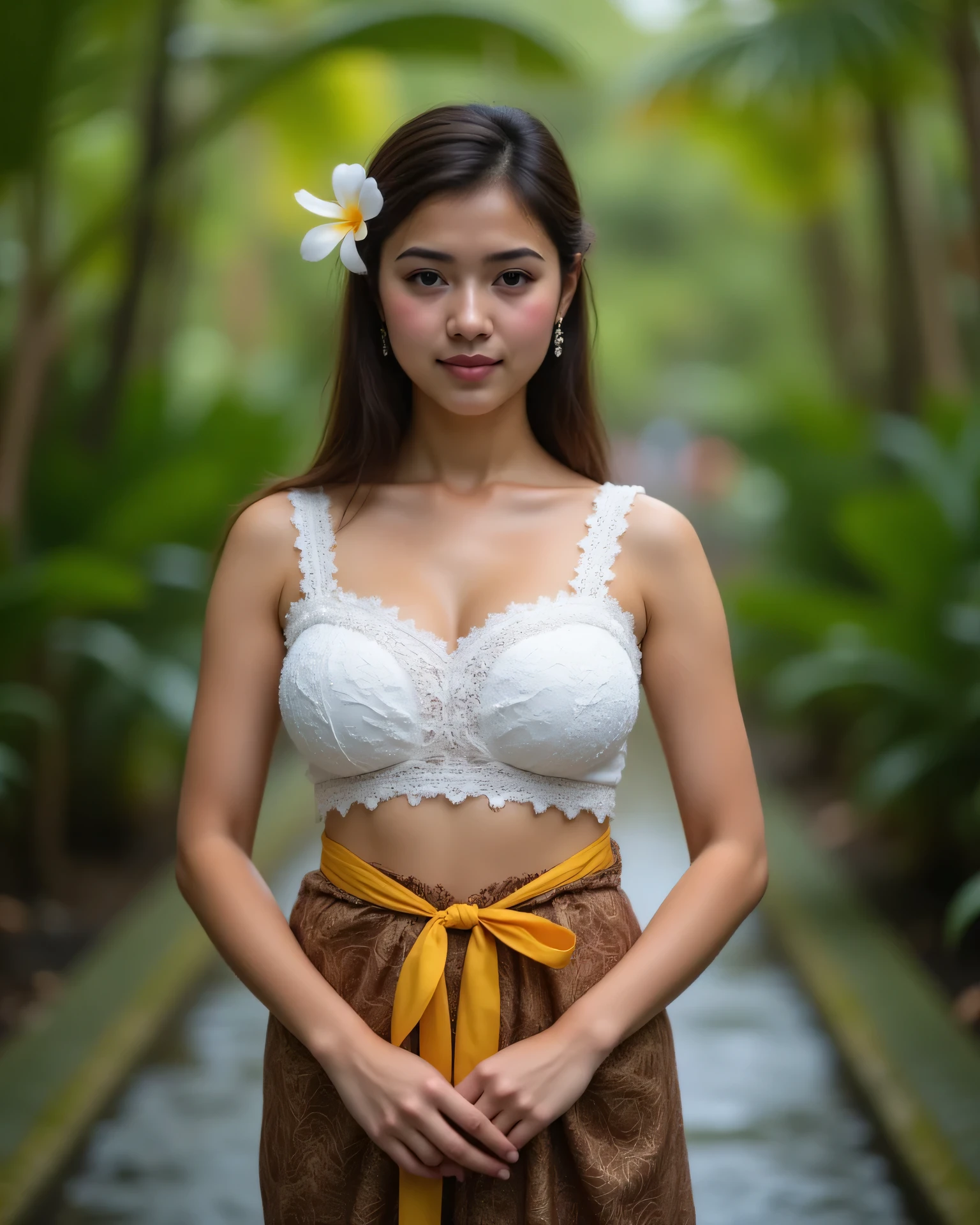 "Symmetrical full body portrait of an indogirl standing gracefully in the center of the frame. She wears a traditional Balinese outfit: a white lace kebaya blouse with a square neckline, paired with a brown batik sarong tied neatly with a yellow sash at her waist. A frangipani flower is tucked into her hair, which flows naturally over her shoulders. She stands with hands gently folded in front of her body, maintaining a calm and elegant posture. The setting is an outdoor Balinese garden, captured symmetrically with frangipani trees and lush greenery evenly balanced in the background. Natural daylight illuminates her face and body evenly, ensuring sharp focus across her entire figure — from facial details to the outfit and background. Photorealistic, high detail, natural tones, balanced composition, serene cultural elegance."