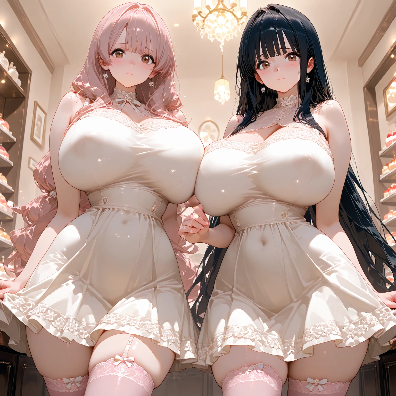 1 girl, game cg, pink frilly dirndl, hair ribbon, , pink hair, long hair, straight hair, ahoge, pink eyes, smile, open mouth, Valentine,