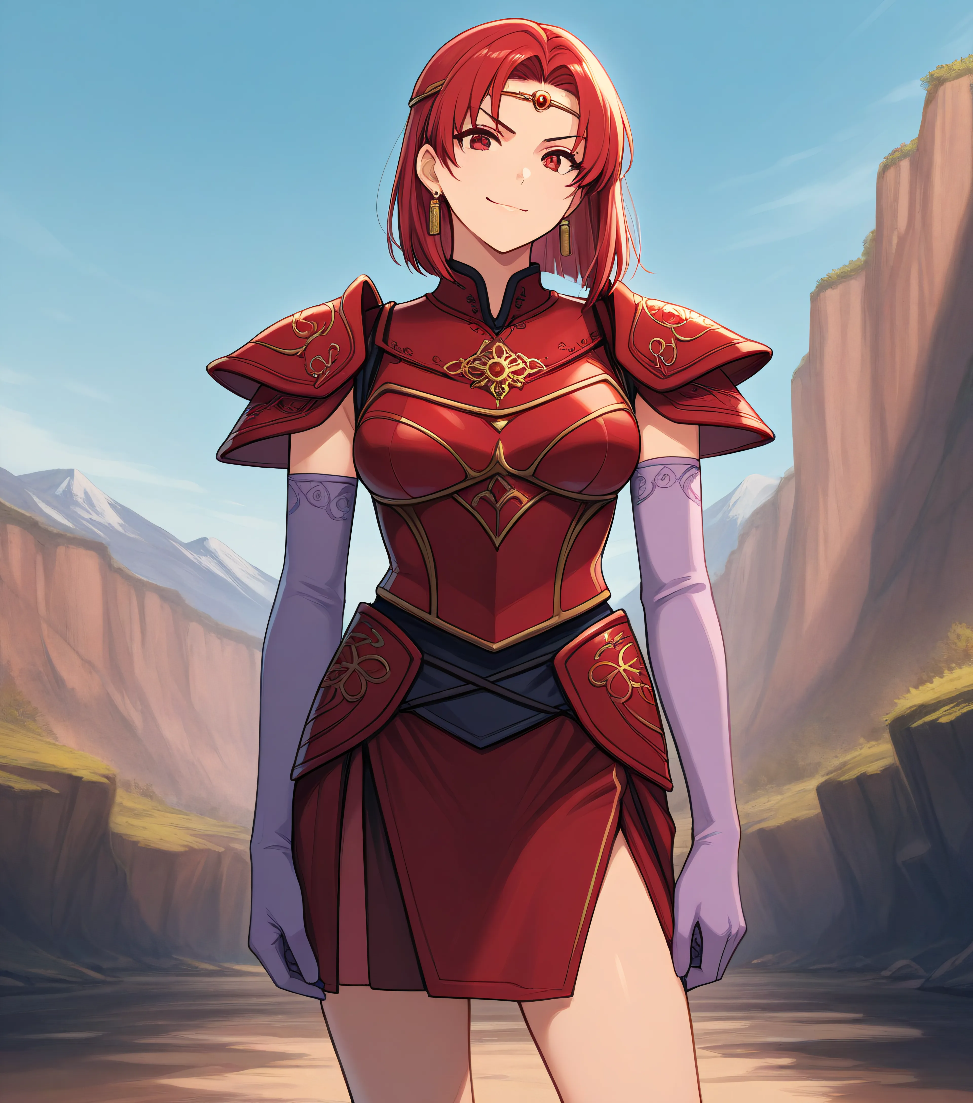 perfect quality,best quality,absolutely eye-catching,ambient occlusion,raytracing BREAK
1girl,<lora:fia IL v1:0.7>,fia,red eyes,red hair,short hair,dark-skinned female,tattoo,armor,shoulder armor,red cape,green pelvic curtain,dog tail,greaves,tiger stripes,facial tattoo,